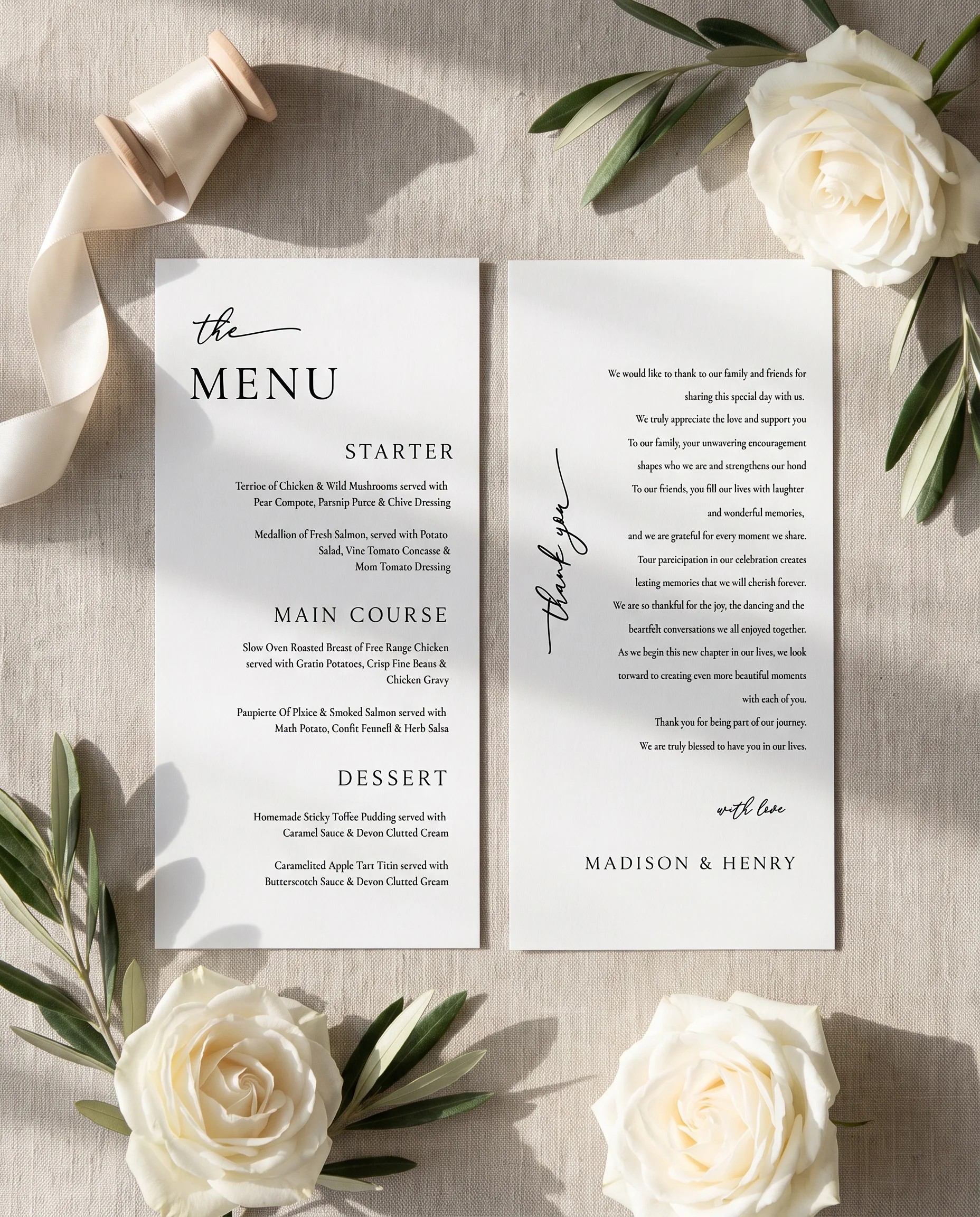 Quiet Line wedding menu — two menu pages arranged flat in soft natural light with a slight overhead angle, wedding menu