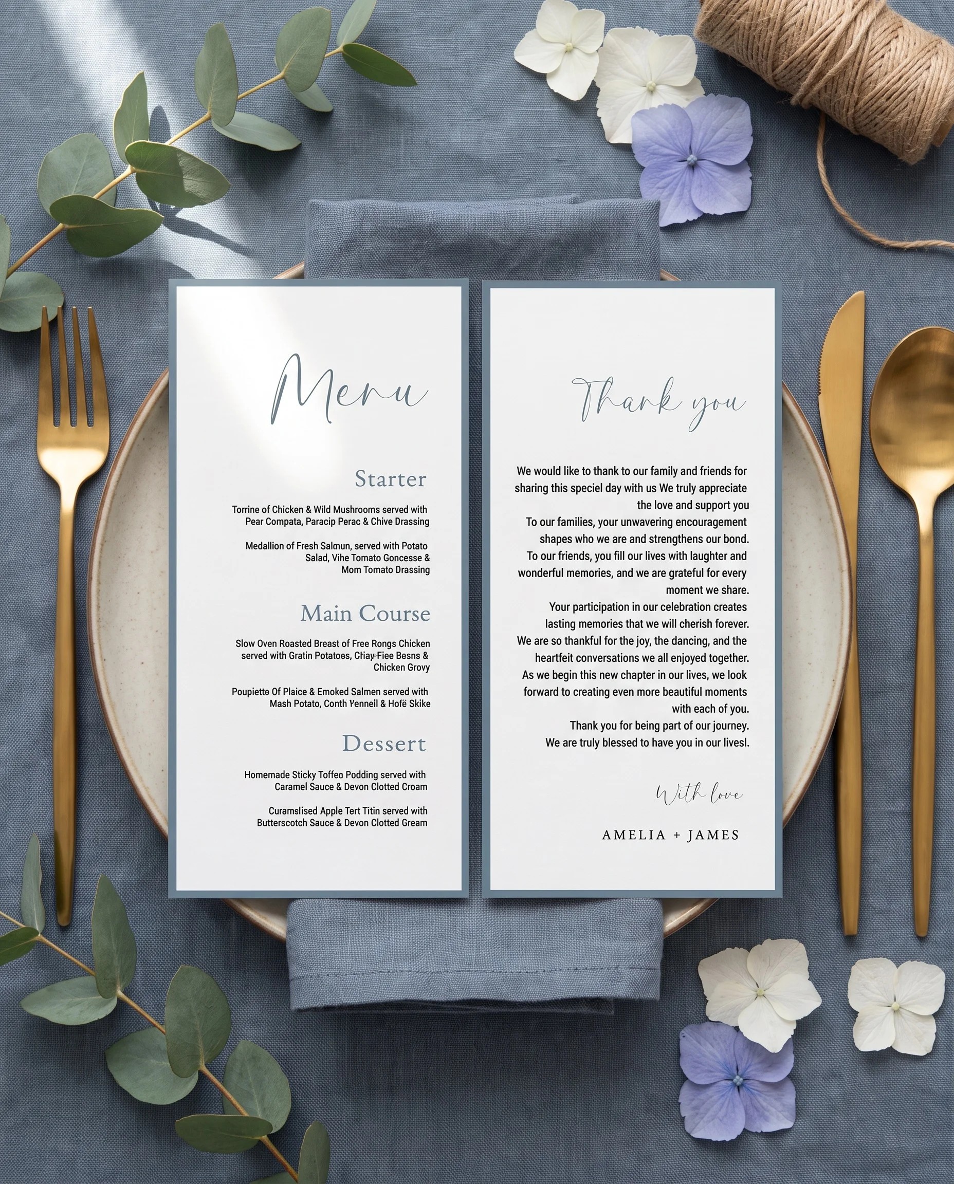 Arrow Crest wedding menu — menu and thank you card resting on a plate at a set place setting, wedding menu cards