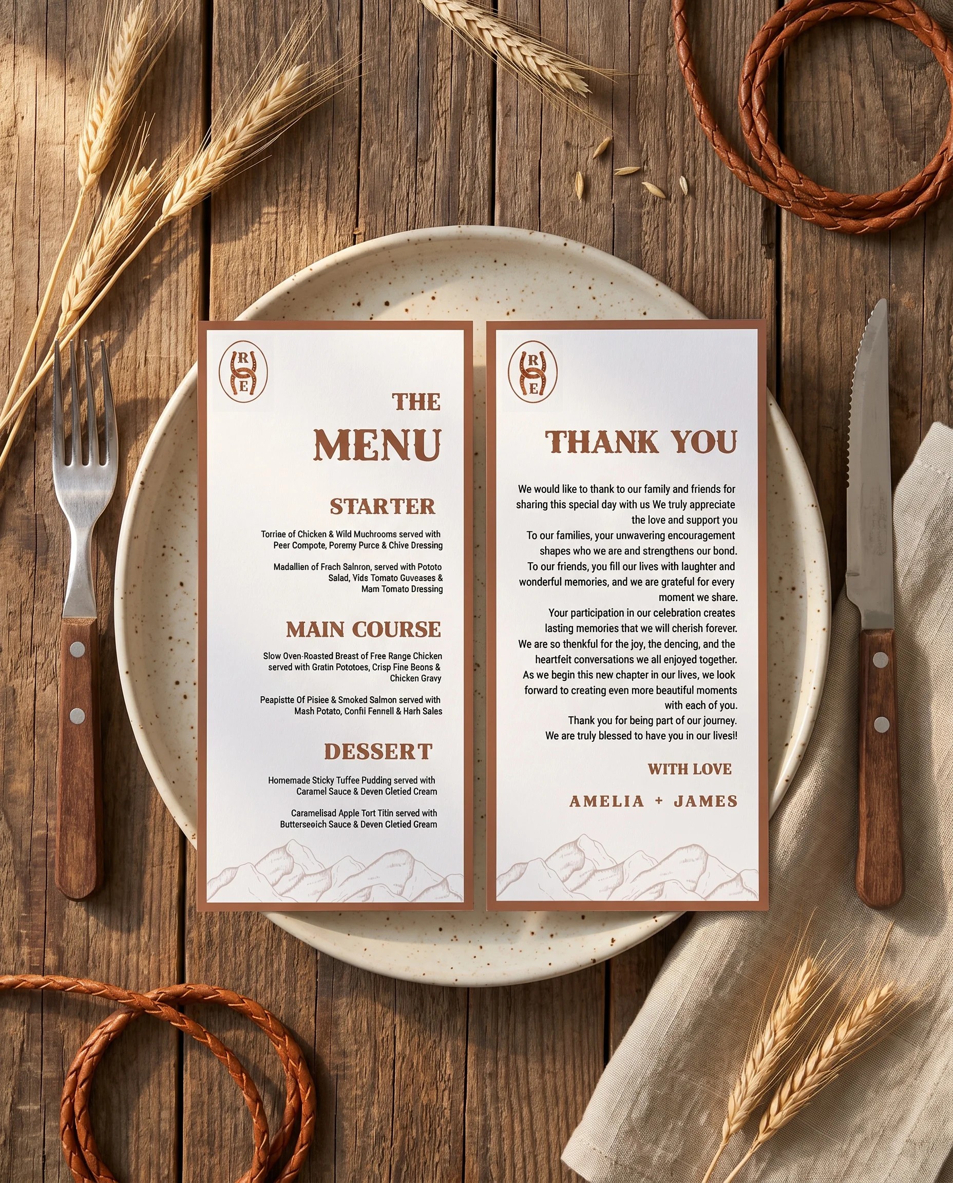 Saddle Crest wedding menu — menu and thank you card resting on a plate at a place setting under soft natural light, wedding menu cards.