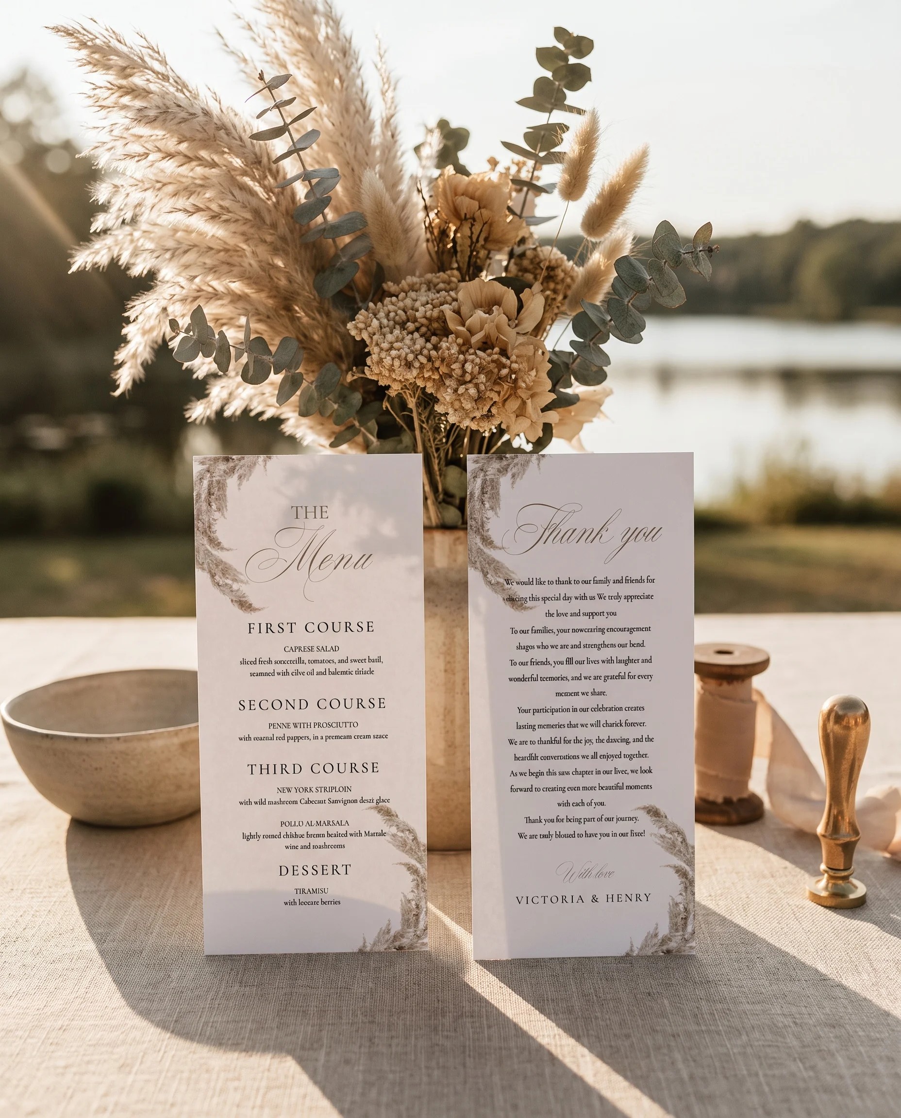 Pampas wedding menu — standing upright on a reception table under soft natural light, wedding menu template.
