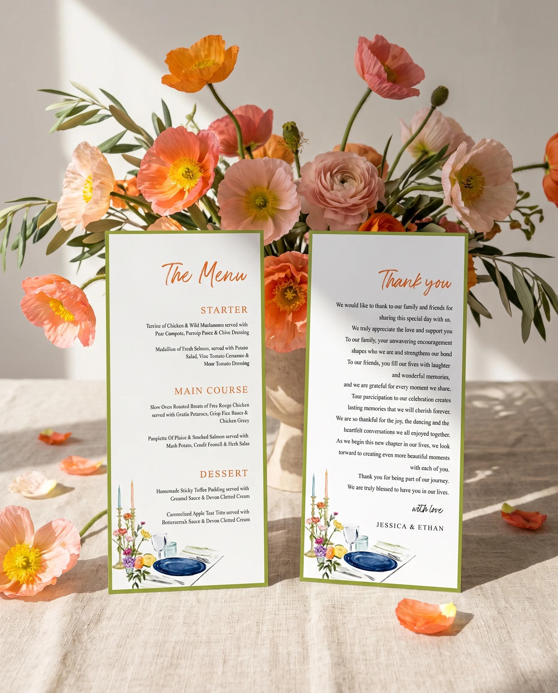 Poppy Court wedding menu — two menu pages standing upright on a reception table under soft natural light, wedding menu template.
