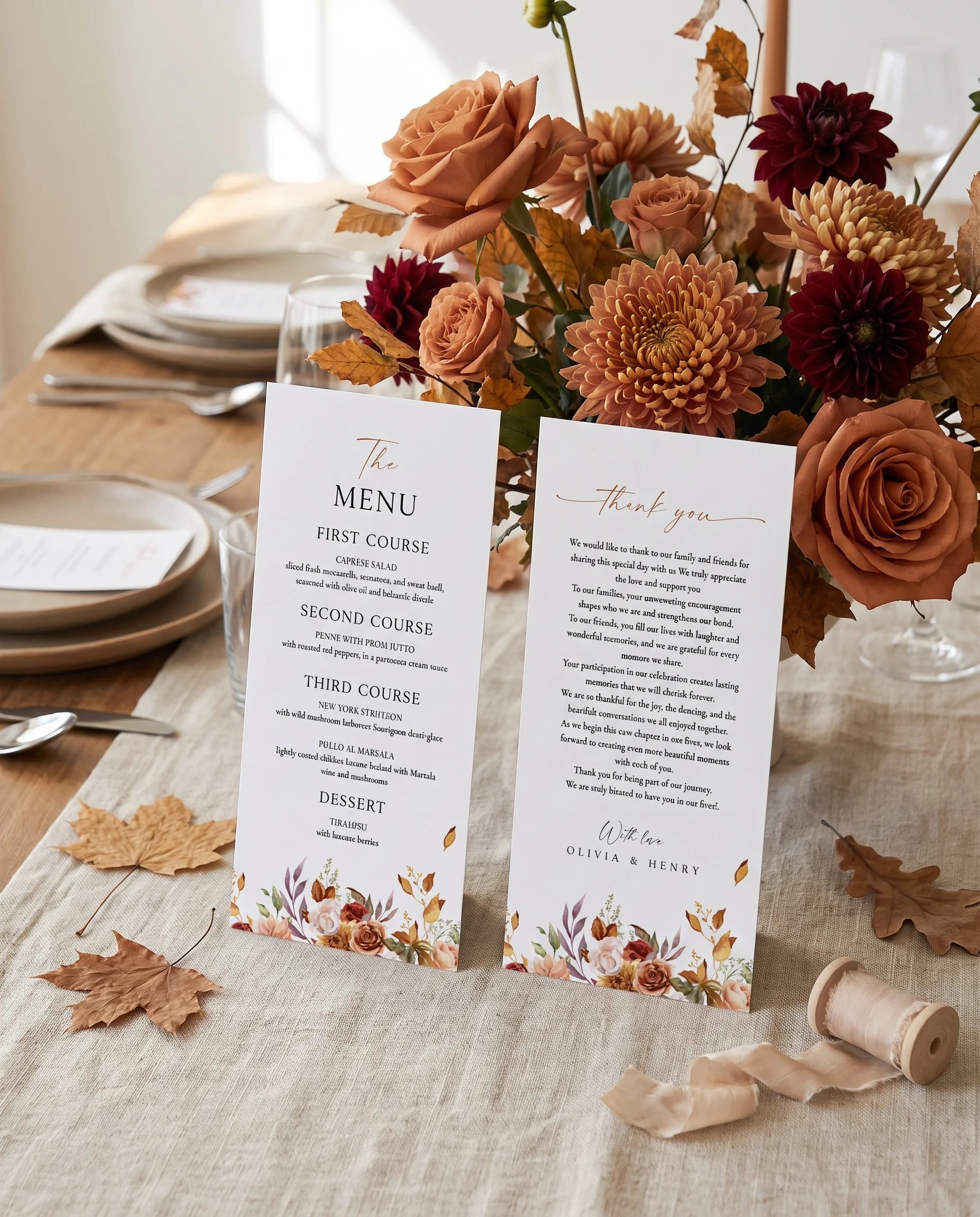 Autumn Bloom wedding menu — two pages standing upright on a reception table under soft natural light, wedding menu template.