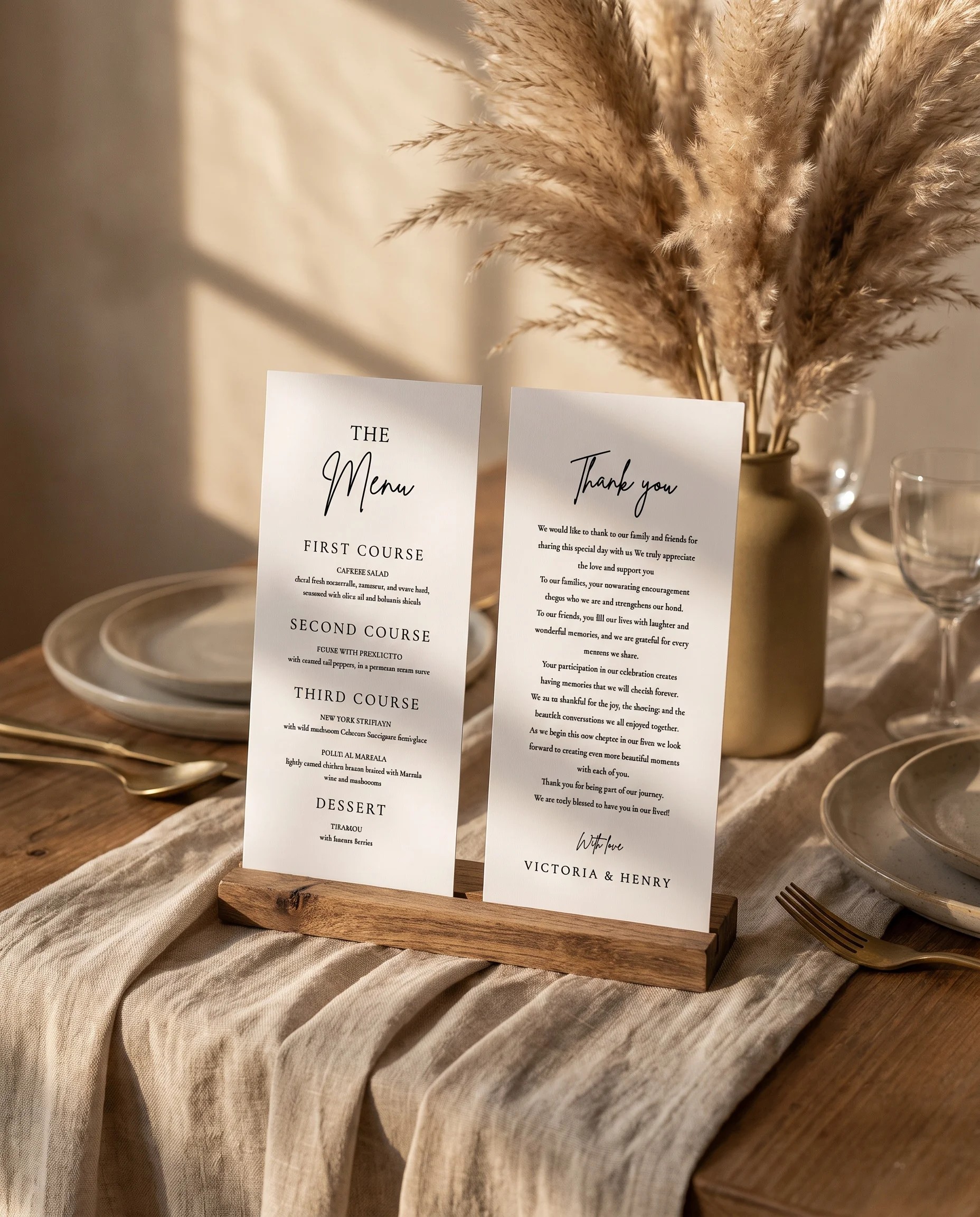 Arrowcrest wedding menu — menu and thank you card standing upright on a reception table under soft natural light, wedding menu template.