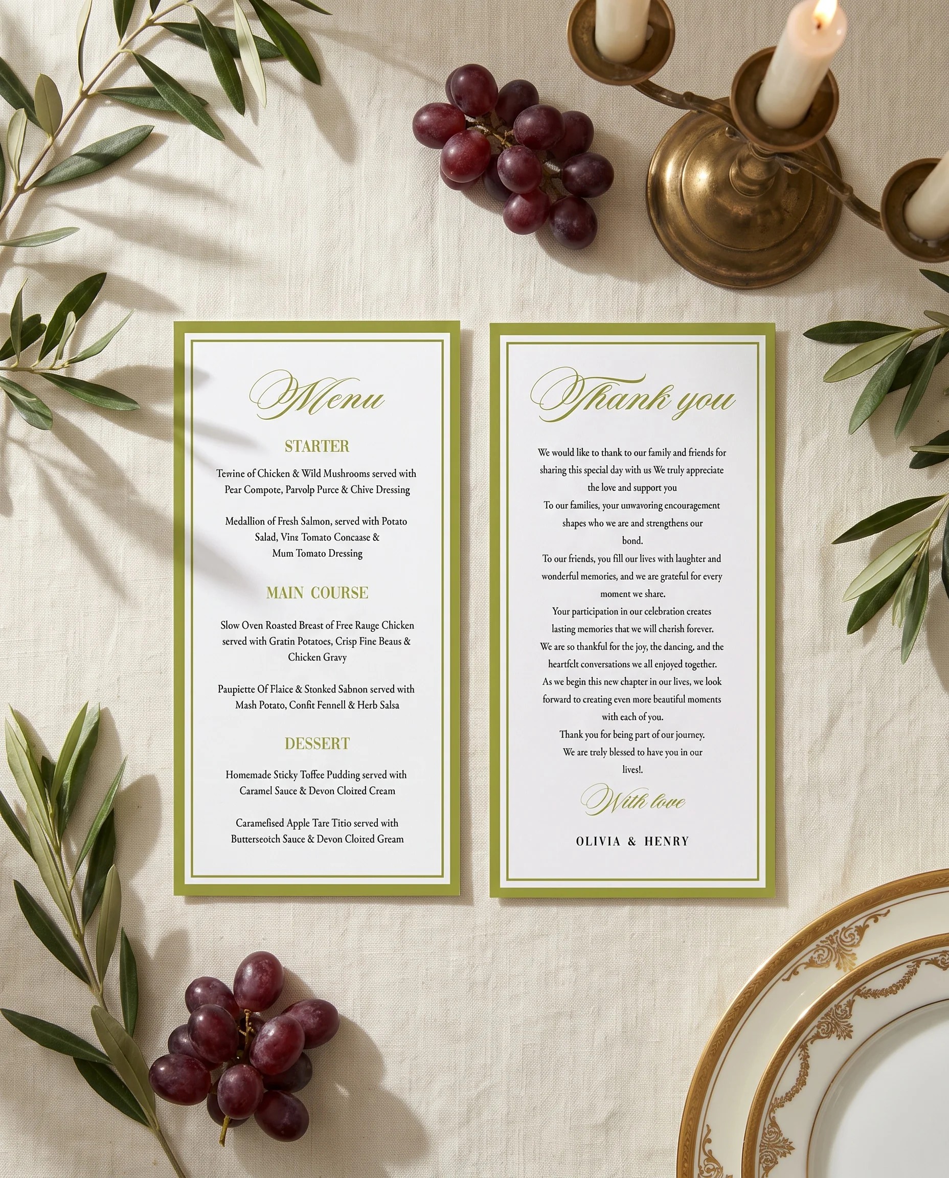 Olive Baroque wedding menu — two menu pages shown flat under soft natural light with a slight overhead angle, wedding menu