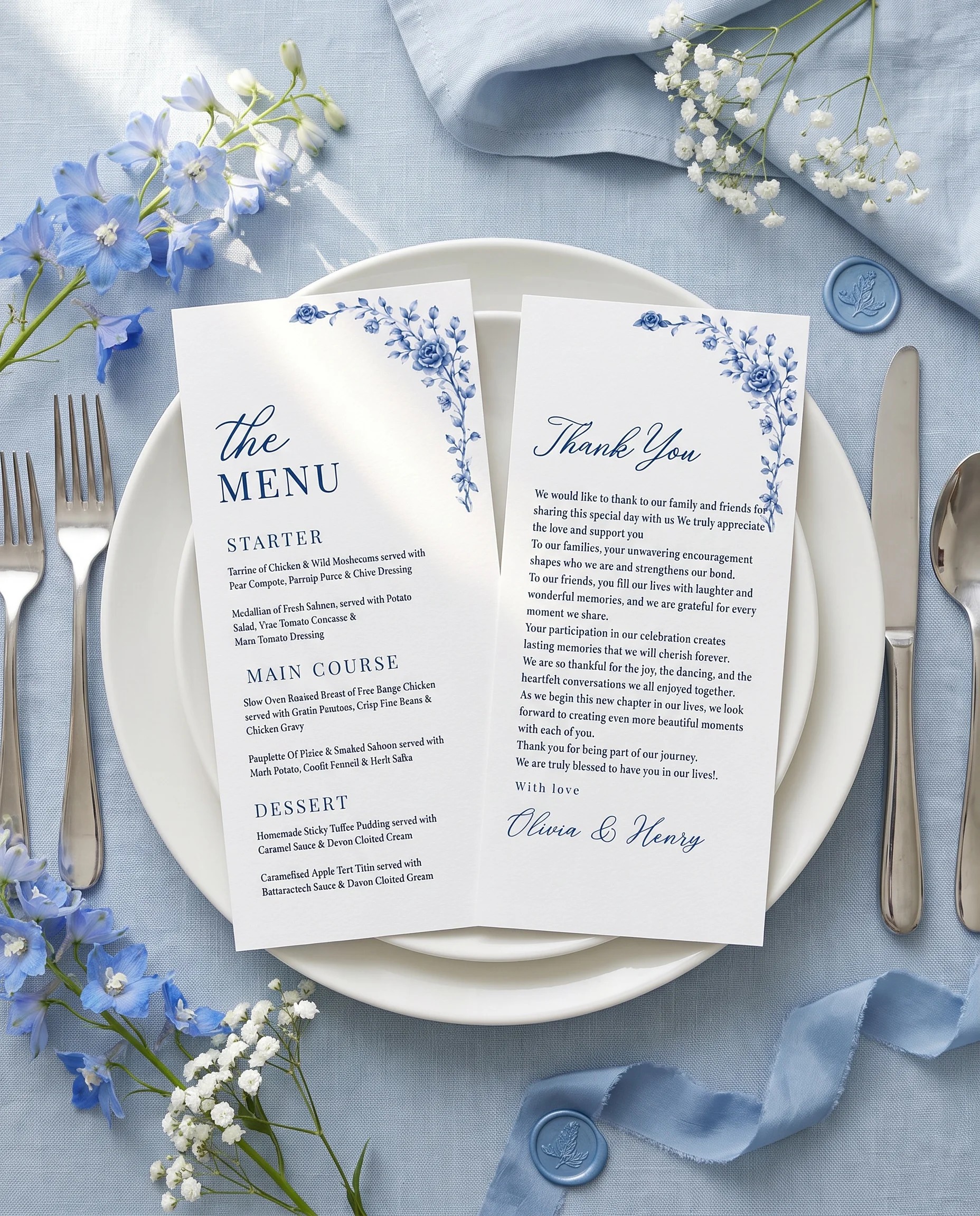 Blue Heron wedding menu — menu and thank you card resting on a plate at a set place setting, wedding menu cards.