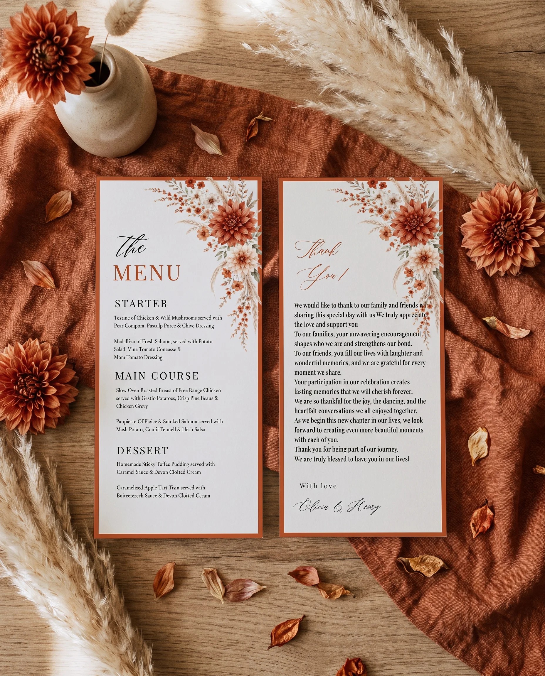 Dahlia Ember wedding menu — two-page menu shown flat on premium editorial paper under soft natural light with a slight overhead angle, wedding menu.