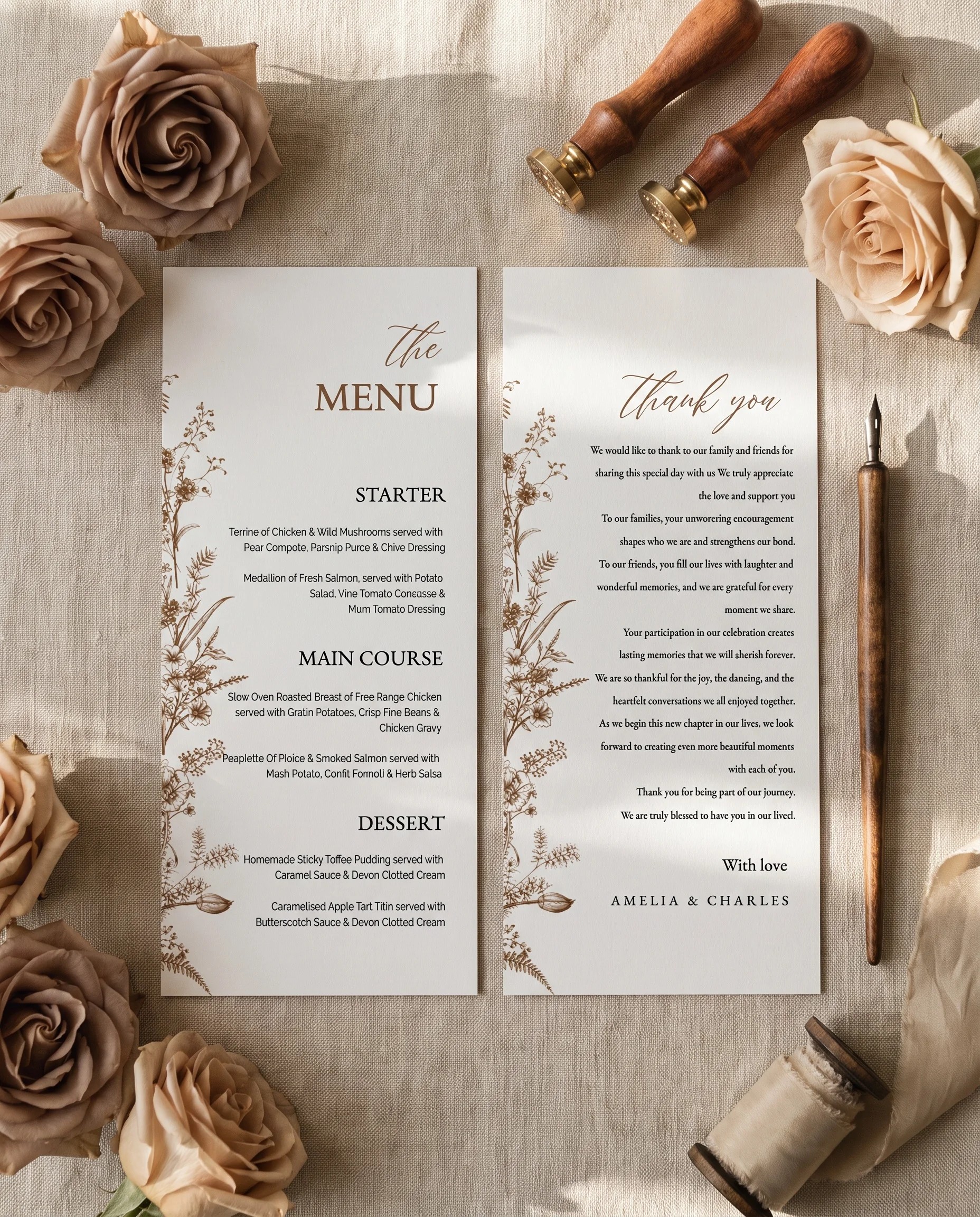 Sepia Crest wedding menu — menu and thank you card shown flat in soft natural light with a slight overhead angle, wedding menu.