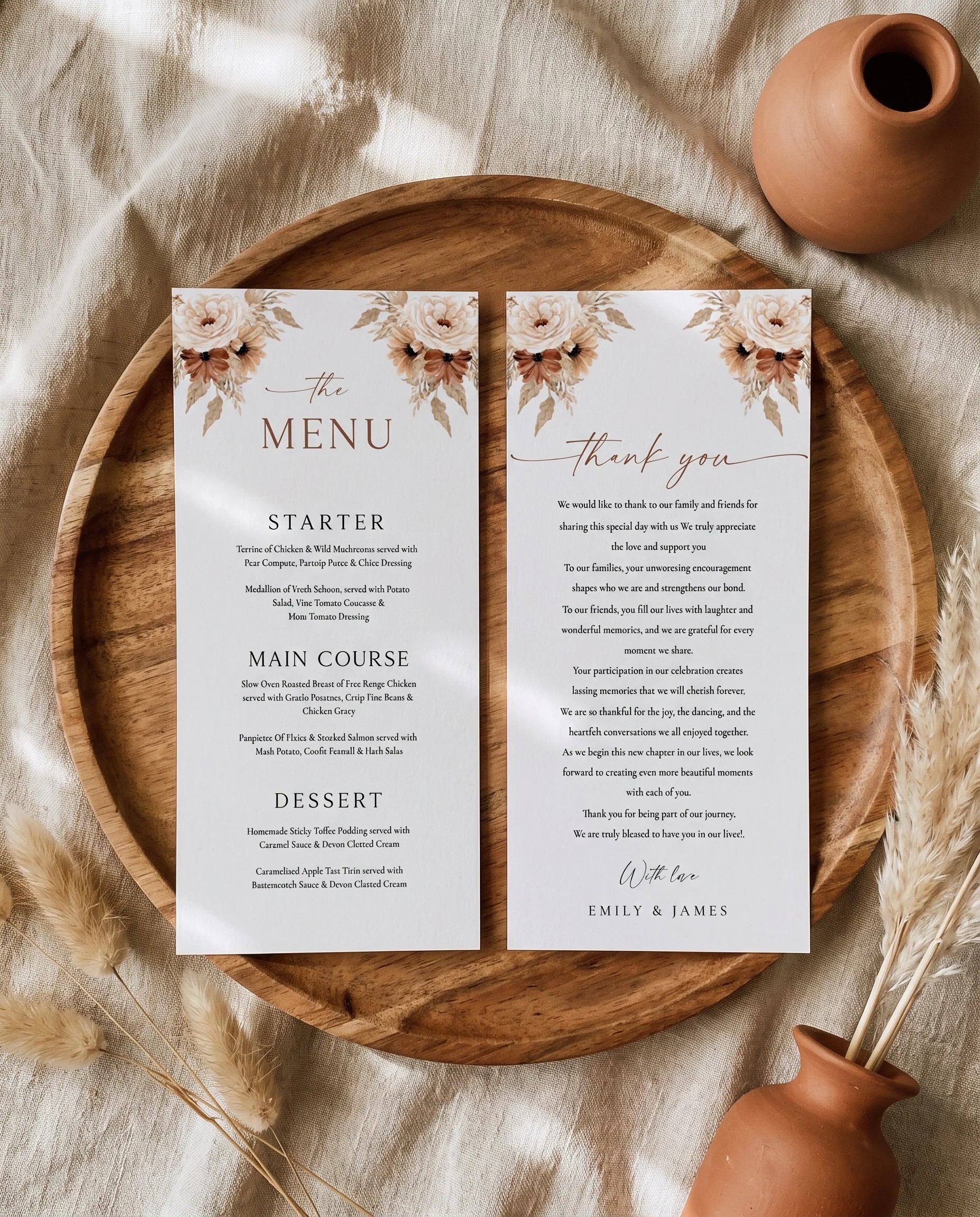 Pampas Bloom wedding menu — both menu pages laid flat on premium editorial paper under soft natural light, wedding menu.