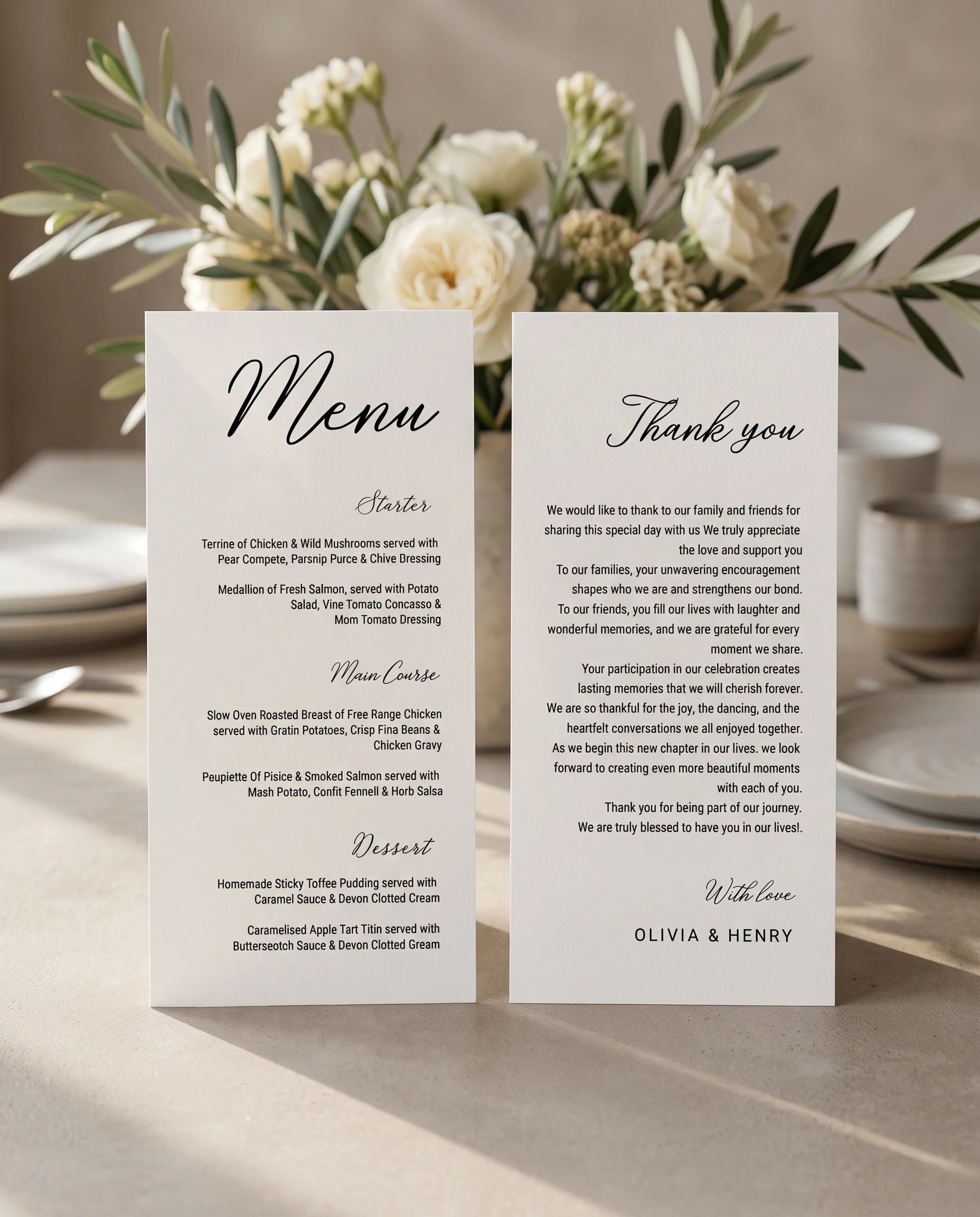 Lyris wedding menu — menu and thank you card standing upright on a reception table under soft natural light, wedding menu template.