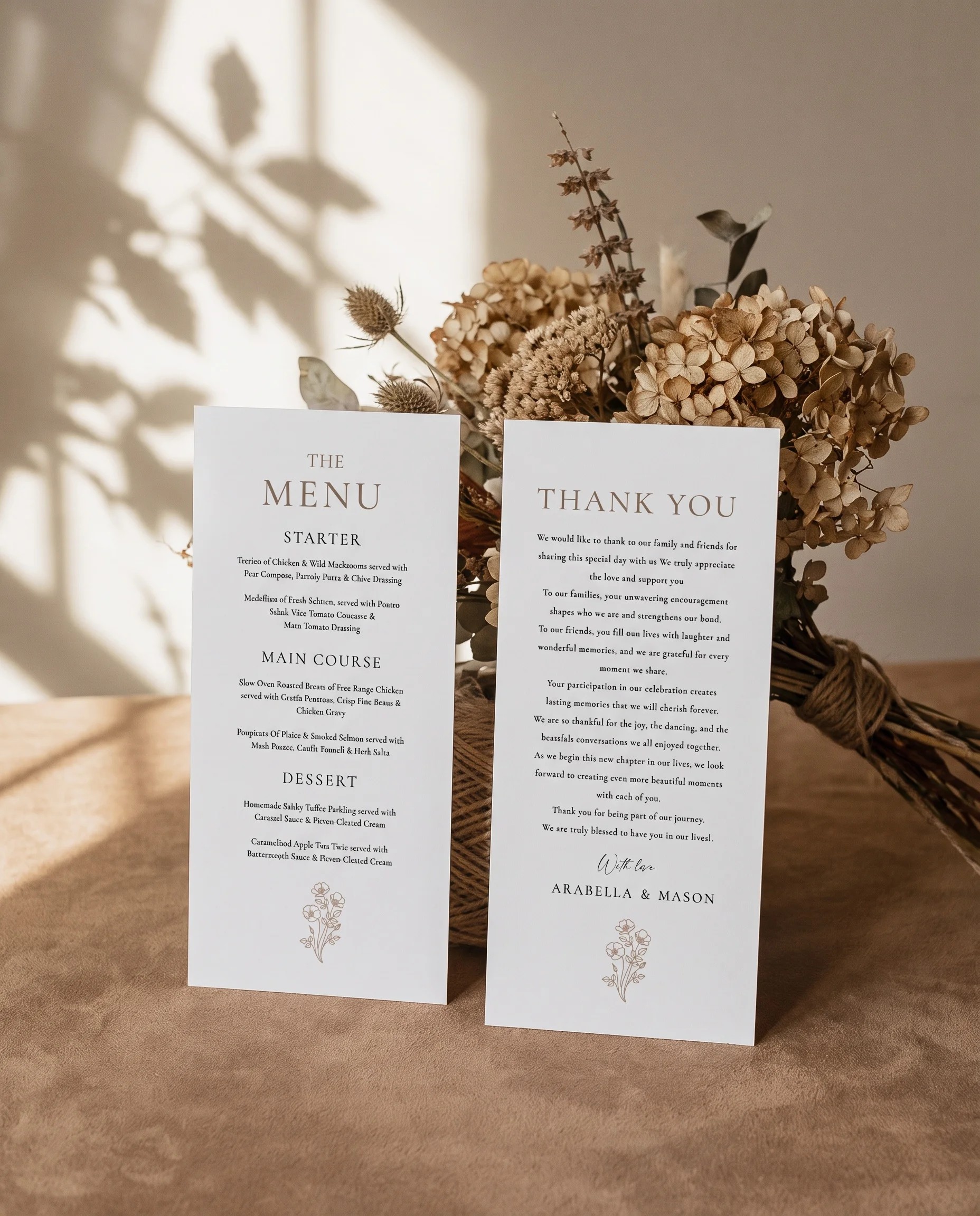 Anemora wedding menu — menu standing upright on a reception table under soft natural light, wedding menu template.