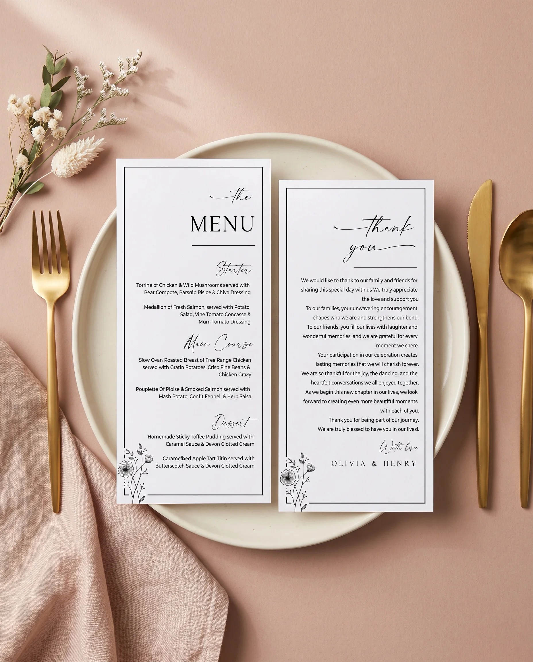 Hush Bloom wedding menu — menu and thank you card on a plate at a set place setting, wedding menu cards.