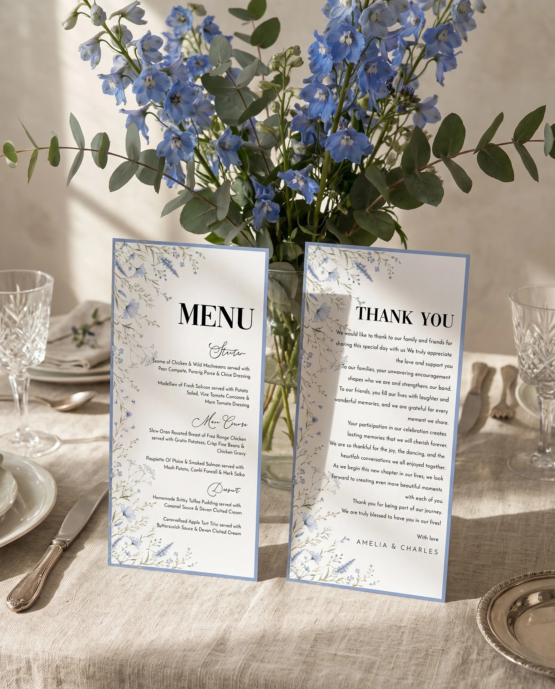 Azure Sprig wedding menu — two pages standing upright on a reception table under soft natural light, wedding menu template.