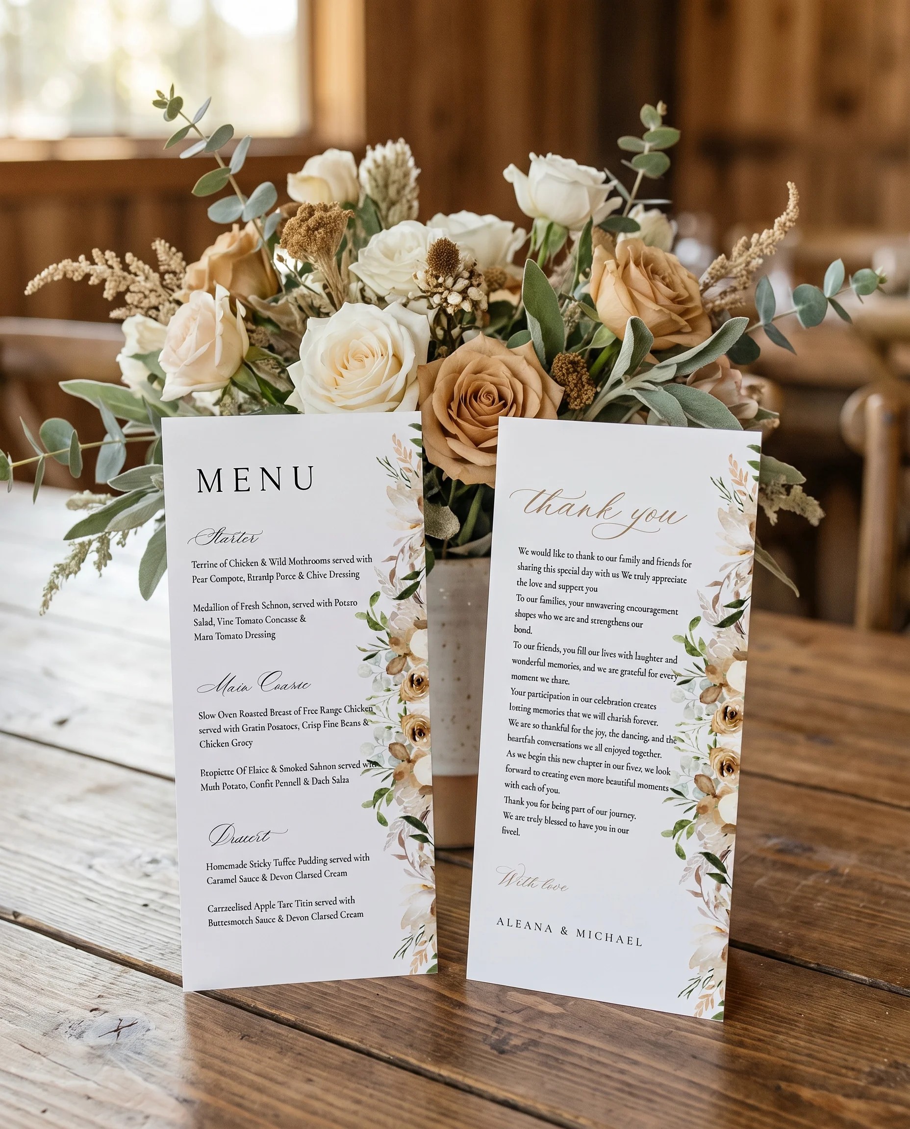 Meadow Veil wedding menu — two menu pages standing upright on a reception table under soft natural light, wedding menu template.