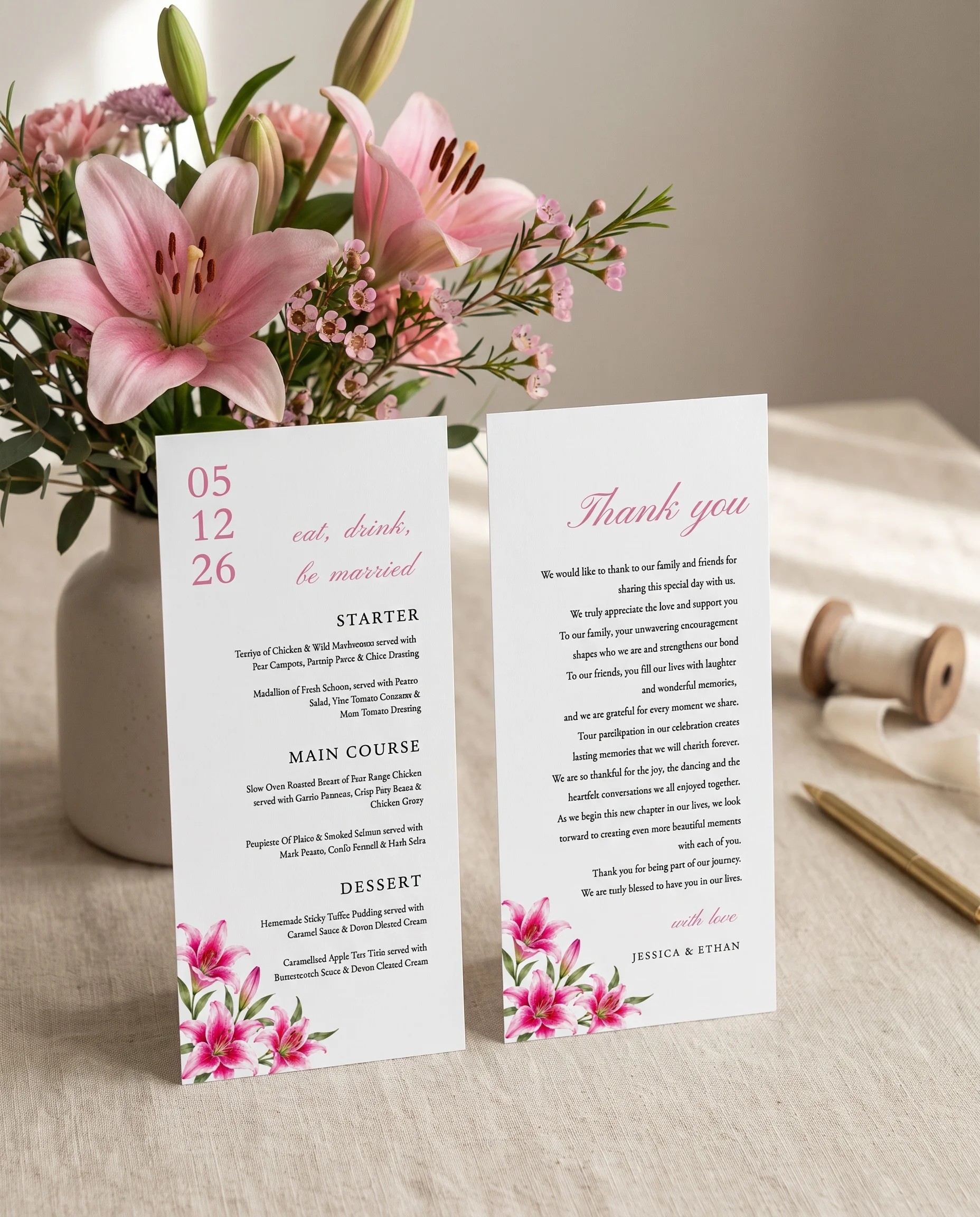 Lily Bloom wedding menu — menu and thank you card standing upright on a reception table under soft natural light, wedding menu template