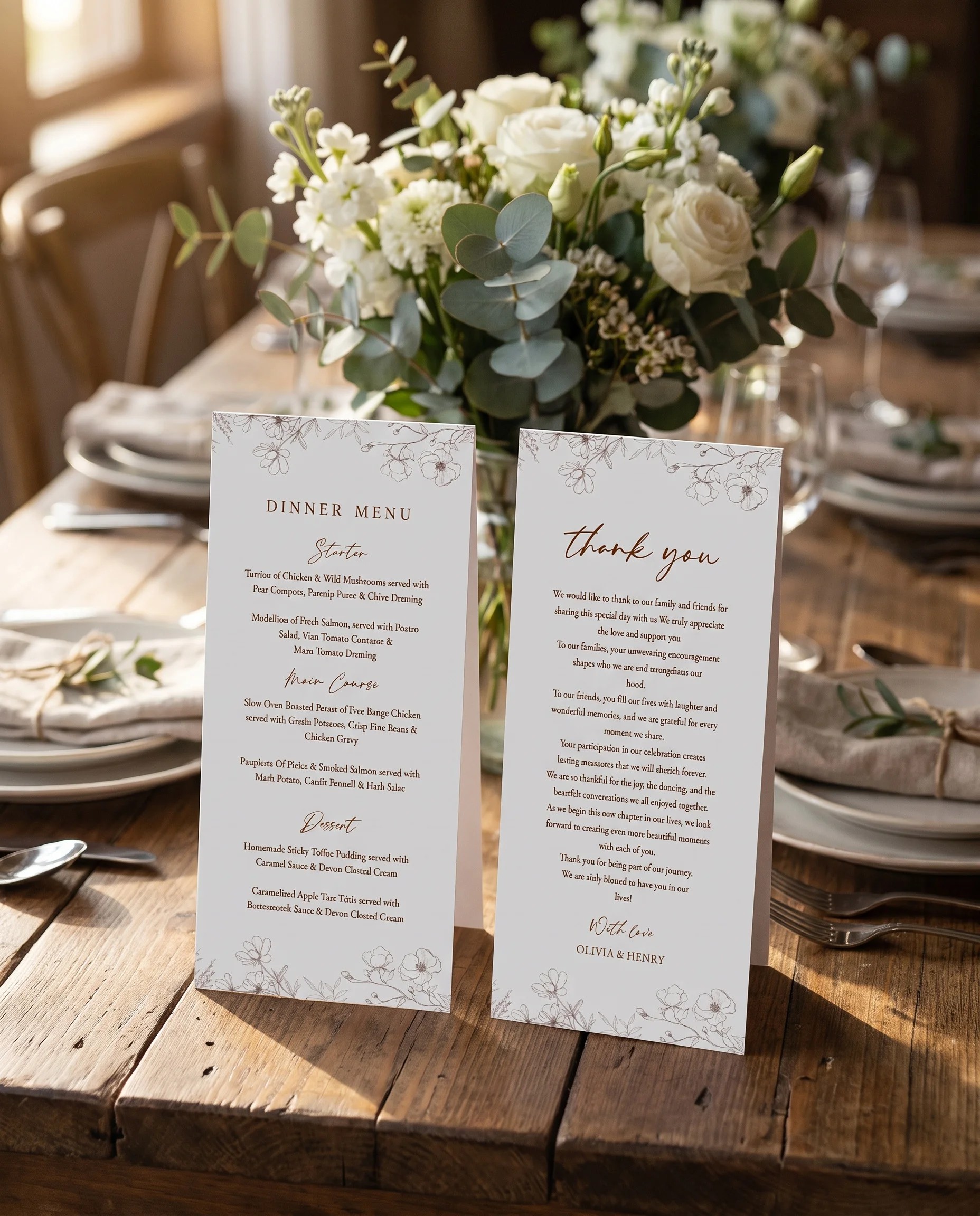Arrow Bloom wedding menu — two pages standing upright on a reception table under soft natural light, wedding menu template.