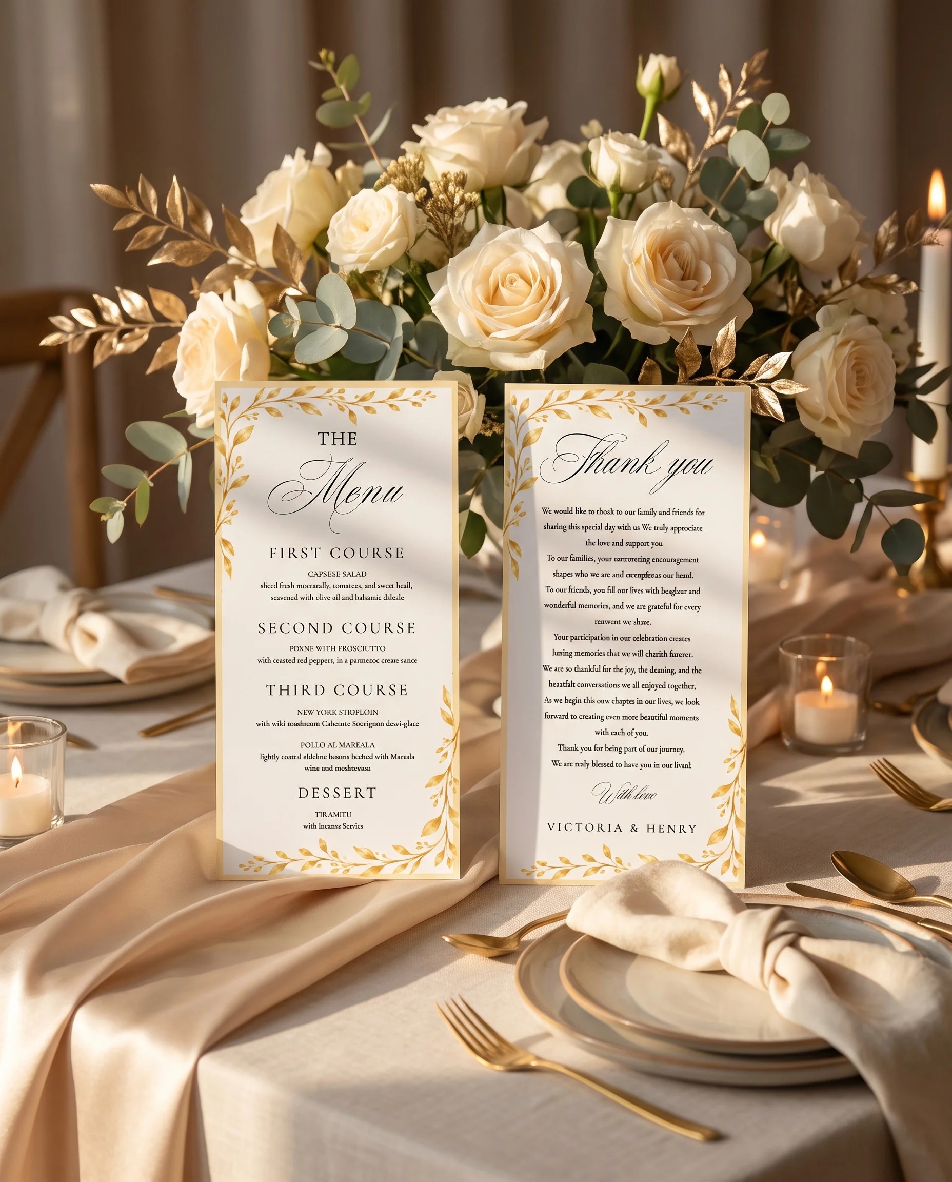 Gilded Bough wedding menu — two pages standing upright on a reception table under soft natural light, wedding menu template.