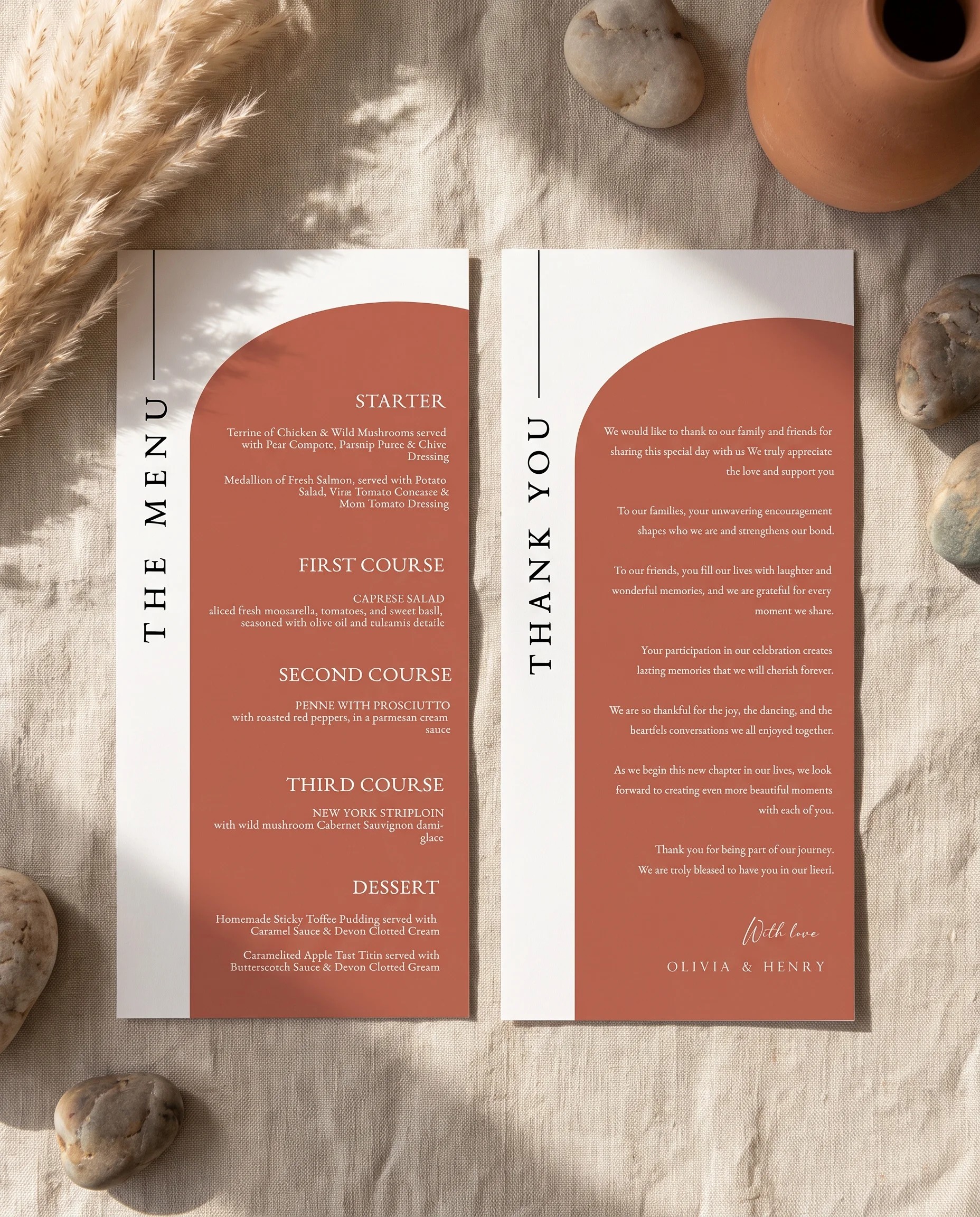 Desert Bloom wedding menu — menu and thank you card shown flat on premium editorial paper in soft natural light, wedding menu.
