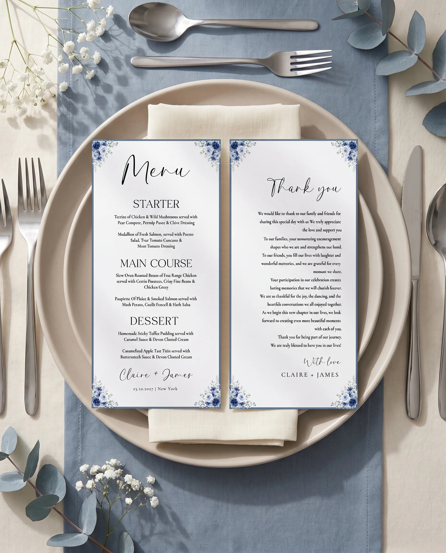 Bluebloom wedding menu — two menu pages resting on a plate at a set place setting, wedding menu cards.