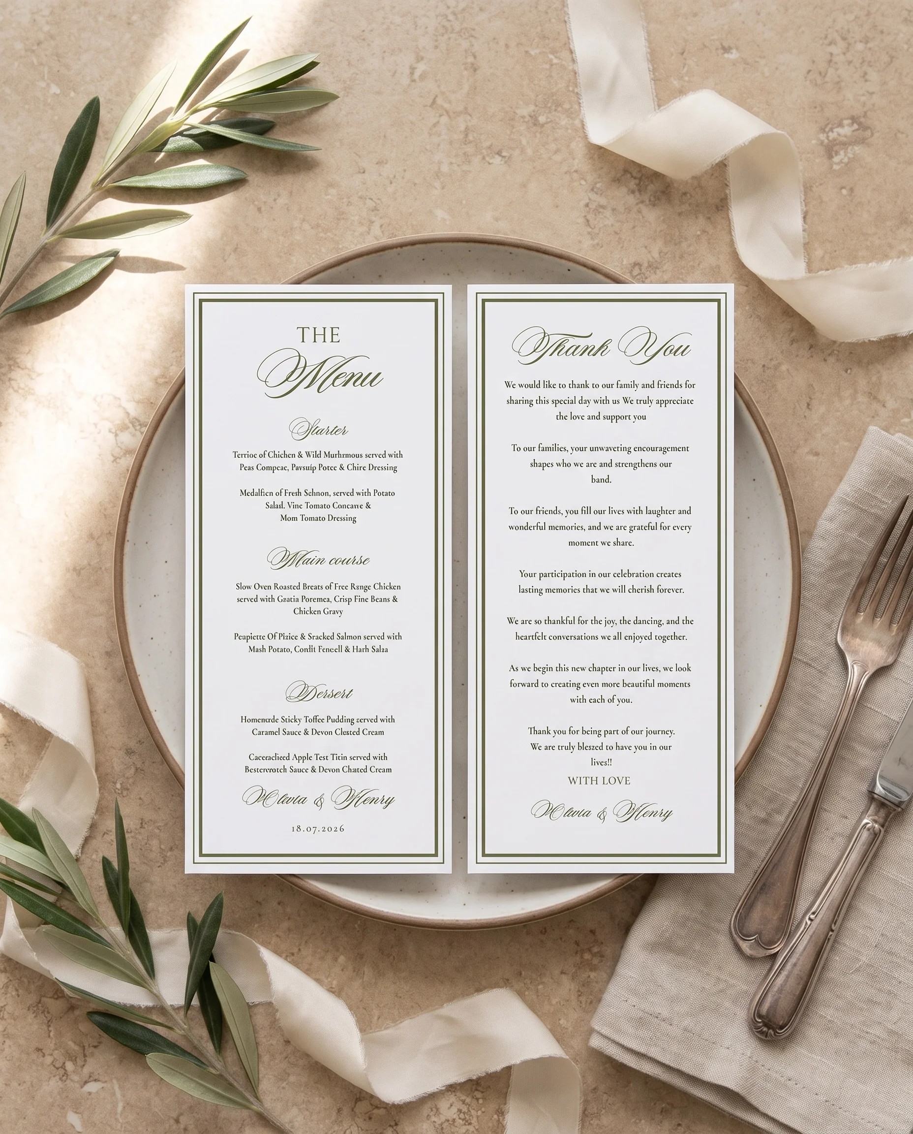 Olive Script wedding menu — two-page menu and thank you card resting on a plate at an elegant place setting, wedding menu cards.