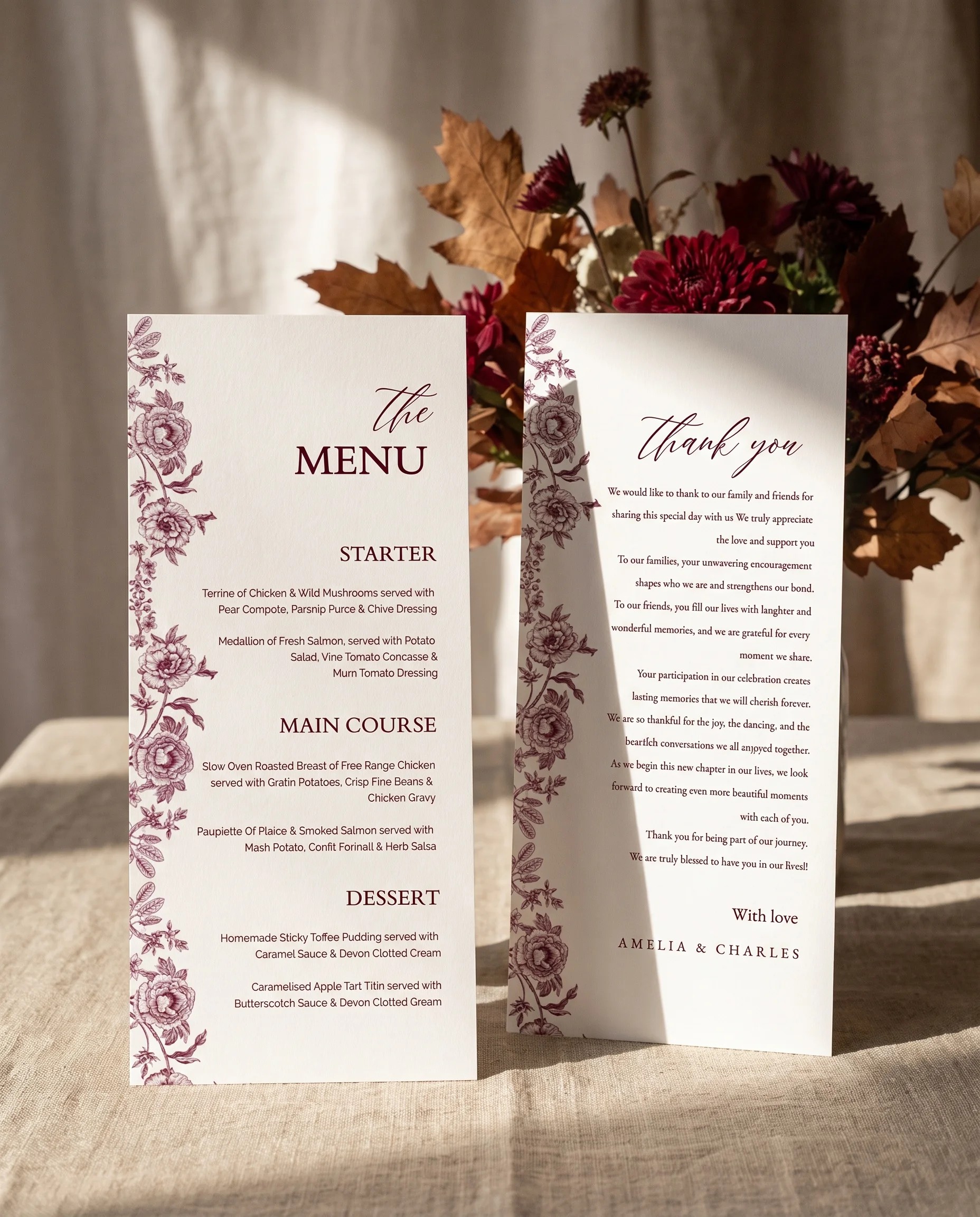 Chantilly wedding menu — two pages standing upright on a reception table under soft natural light, wedding menu template.