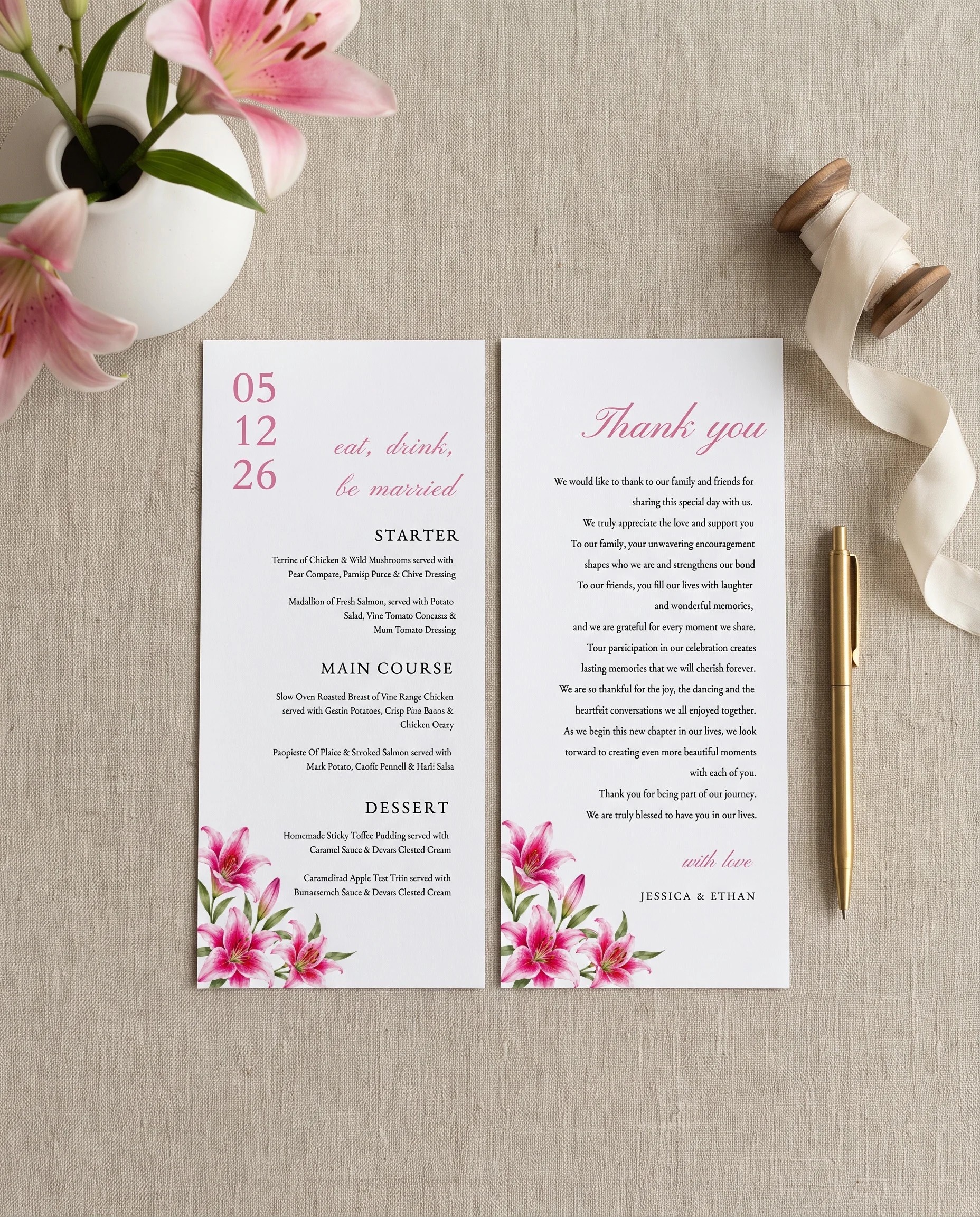 Lily Bloom wedding menu — menu and thank you card shown flat on premium editorial paper in soft natural light, wedding menu