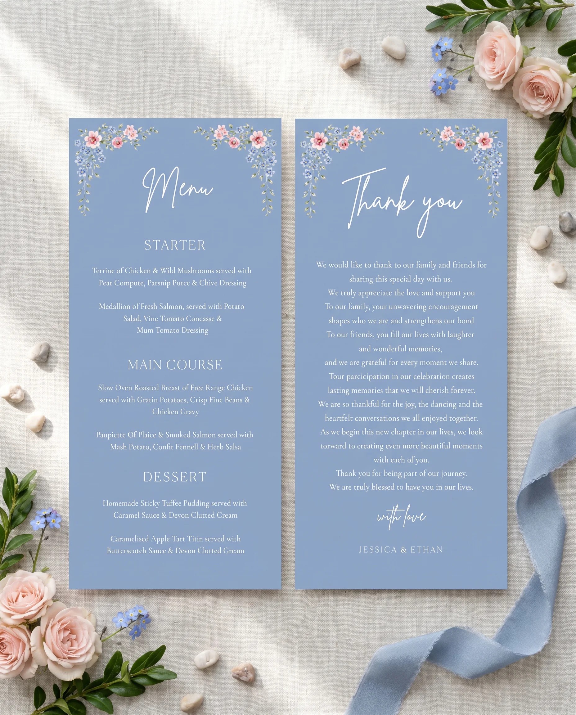 Meadow Spire wedding menu — both pages laid flat on premium paper under soft natural light, wedding menu.