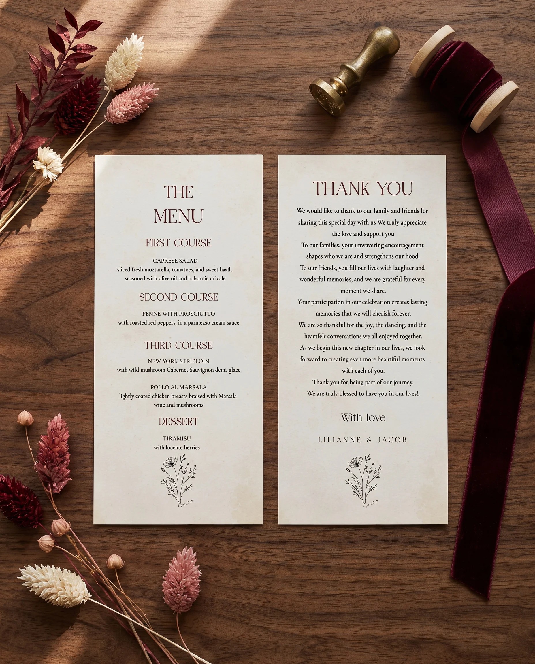 Heritage Bloom wedding menu — two menu pages shown flat under soft natural light with a slight overhead angle, wedding menu