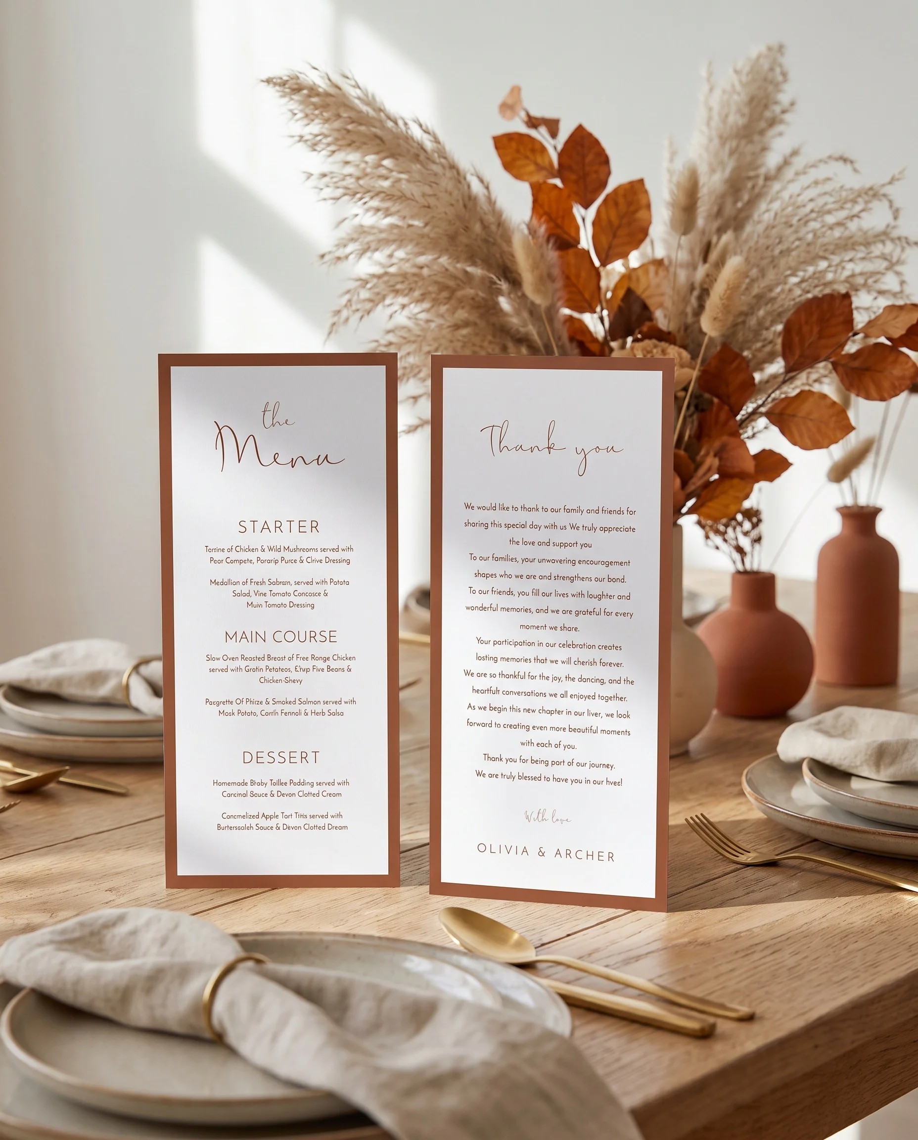 Stevens wedding menu — two cards standing upright on a reception table under soft natural light, wedding menu template.