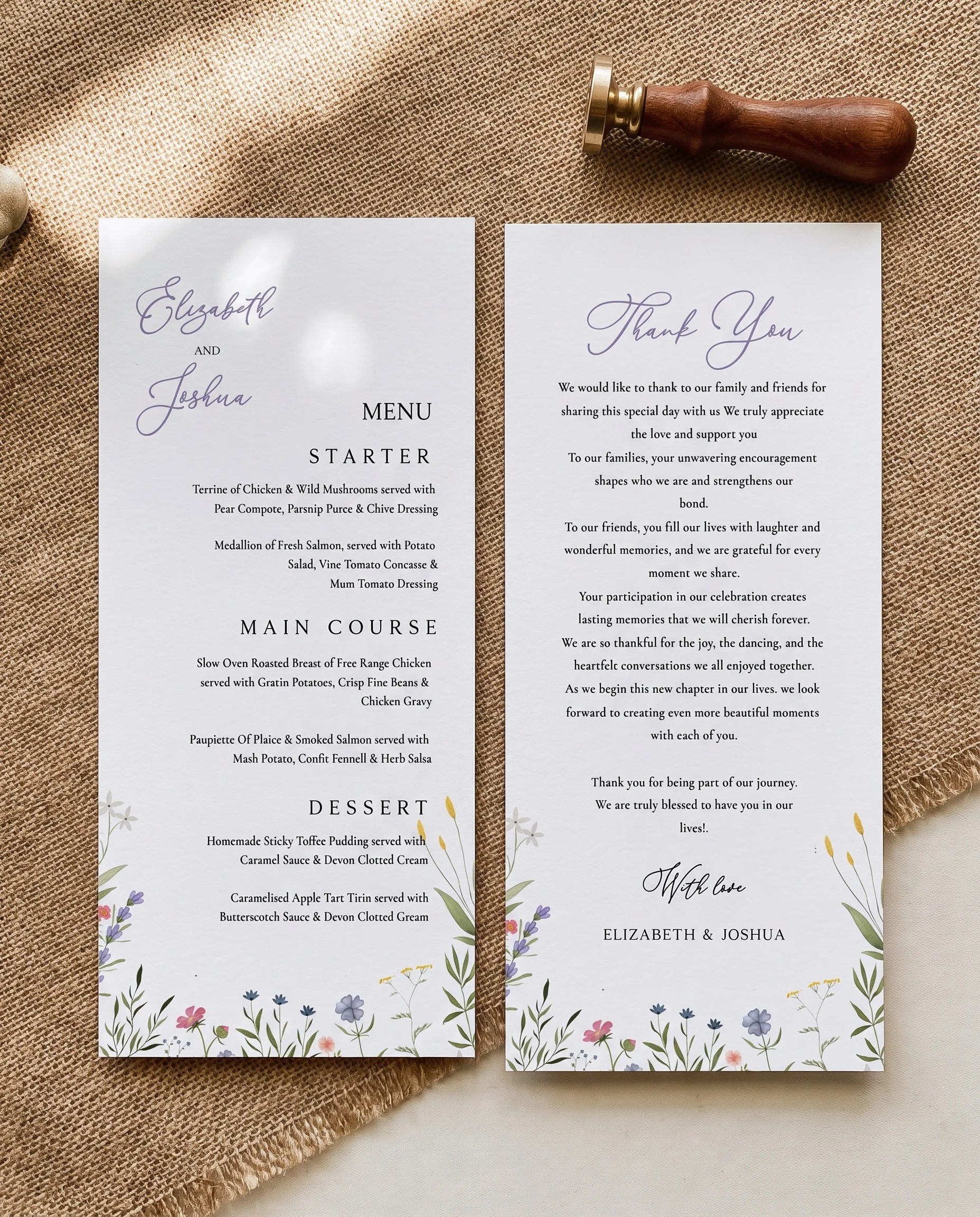 Floret Veil wedding menu — two menu pages shown flat under soft natural light with a slight overhead angle, wedding menu.