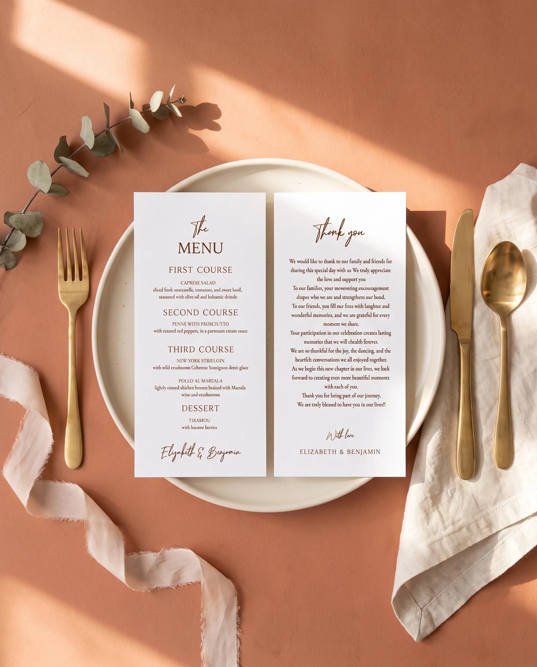 Briar Script wedding menu — shown on a plate at a set place setting with a thank you card, wedding menu cards.