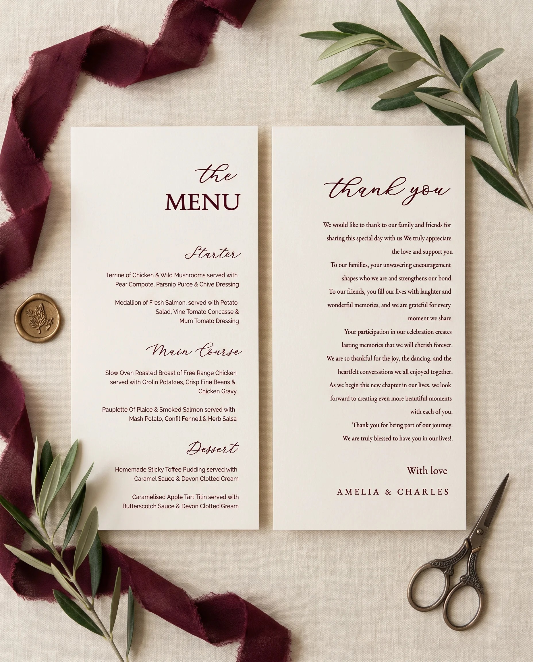 Claret Vine wedding menu — two pages shown flat under soft natural light with a slight overhead angle, wedding menu