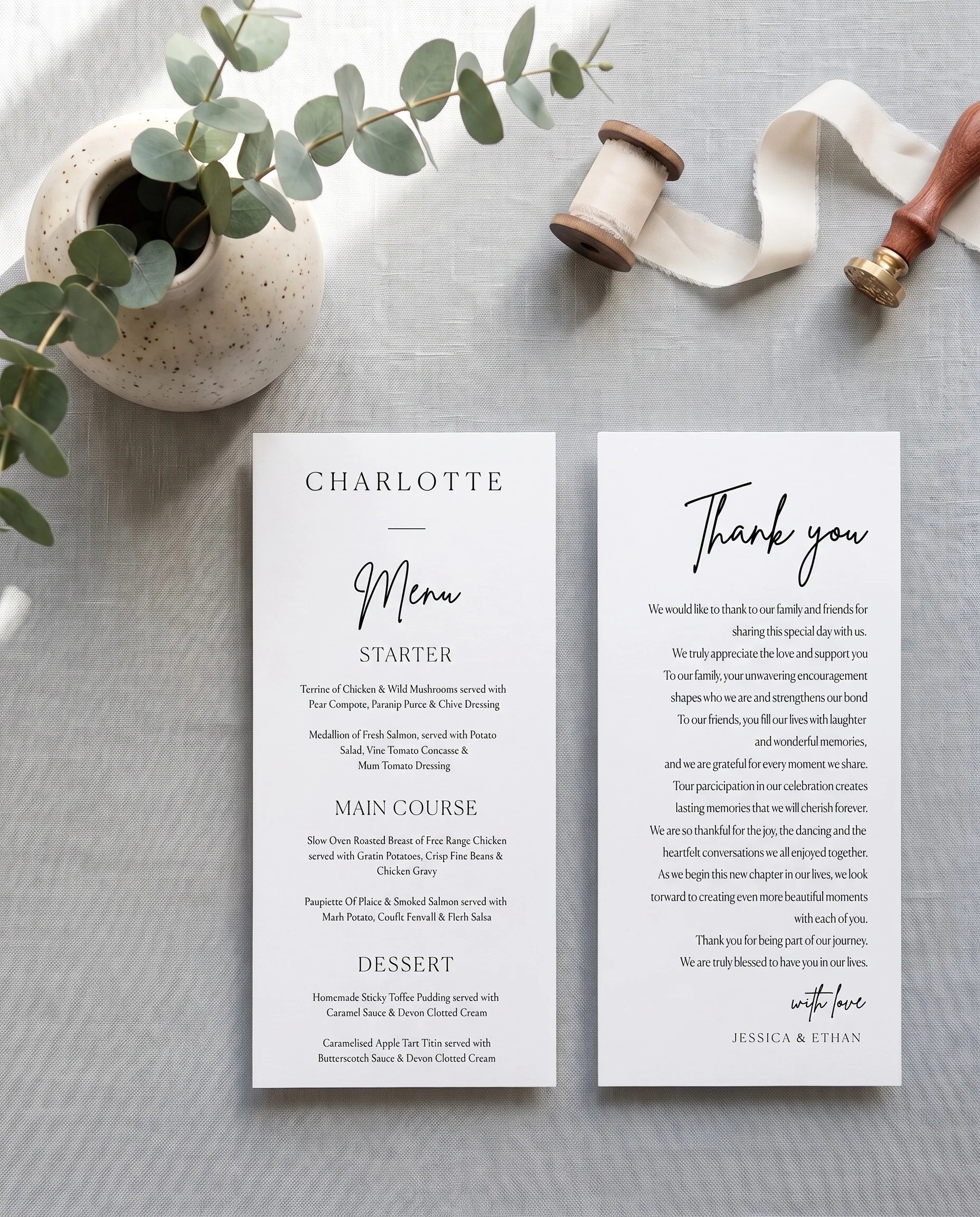 Contour wedding menu — two pages laid flat under soft natural light with a slight overhead angle, wedding menu.