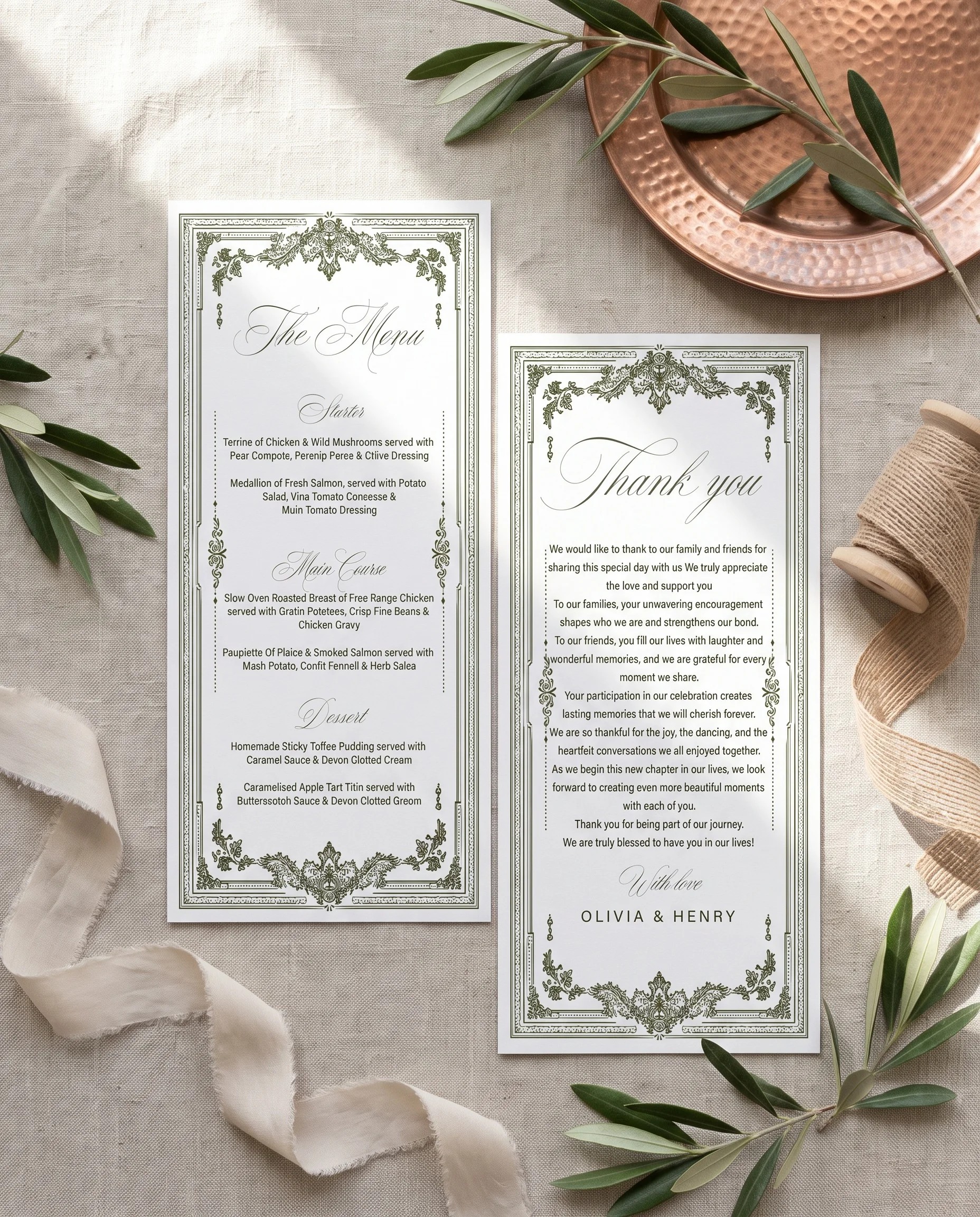 Verdant Filigree wedding menu — two pages shown flat under soft natural light with a slight overhead angle, wedding menu