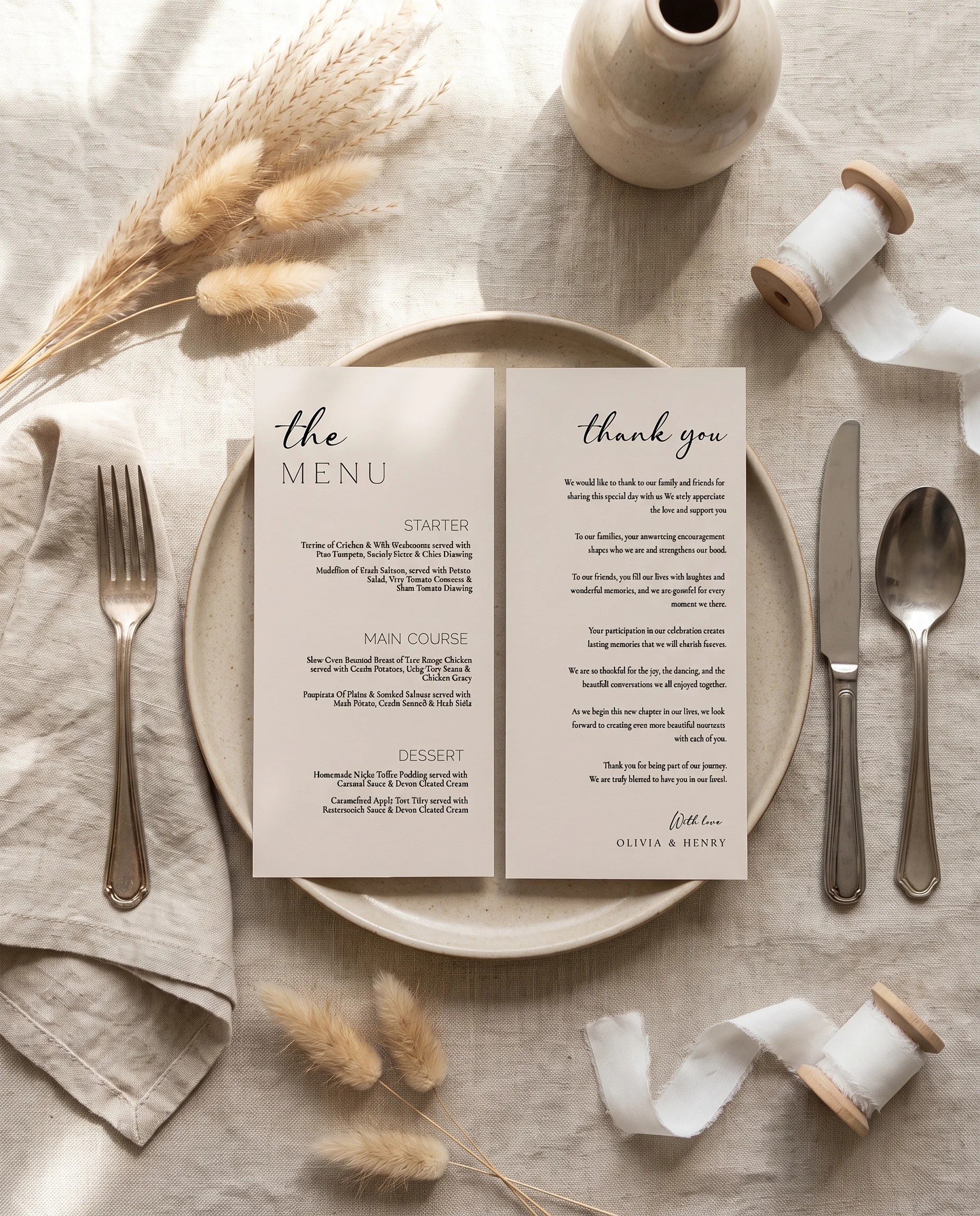 Tassel Arc wedding menu — menu and thank you card resting on a plate at an elegant place setting, wedding menu cards.