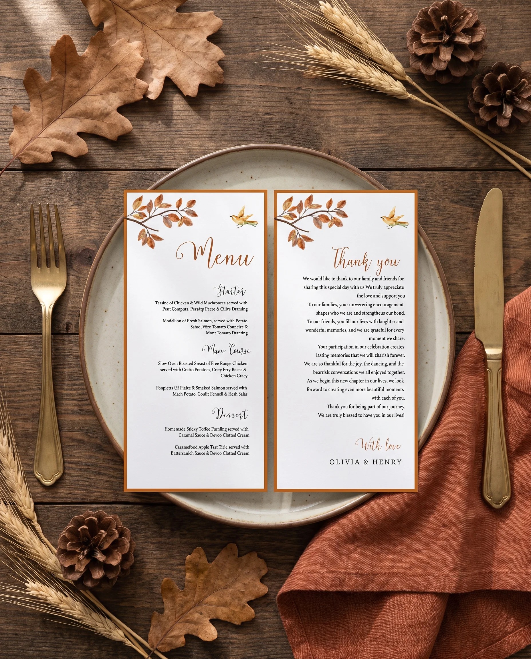 Autumn Vale wedding menu — shown on a plate at a set place setting with soft natural light, wedding menu cards.