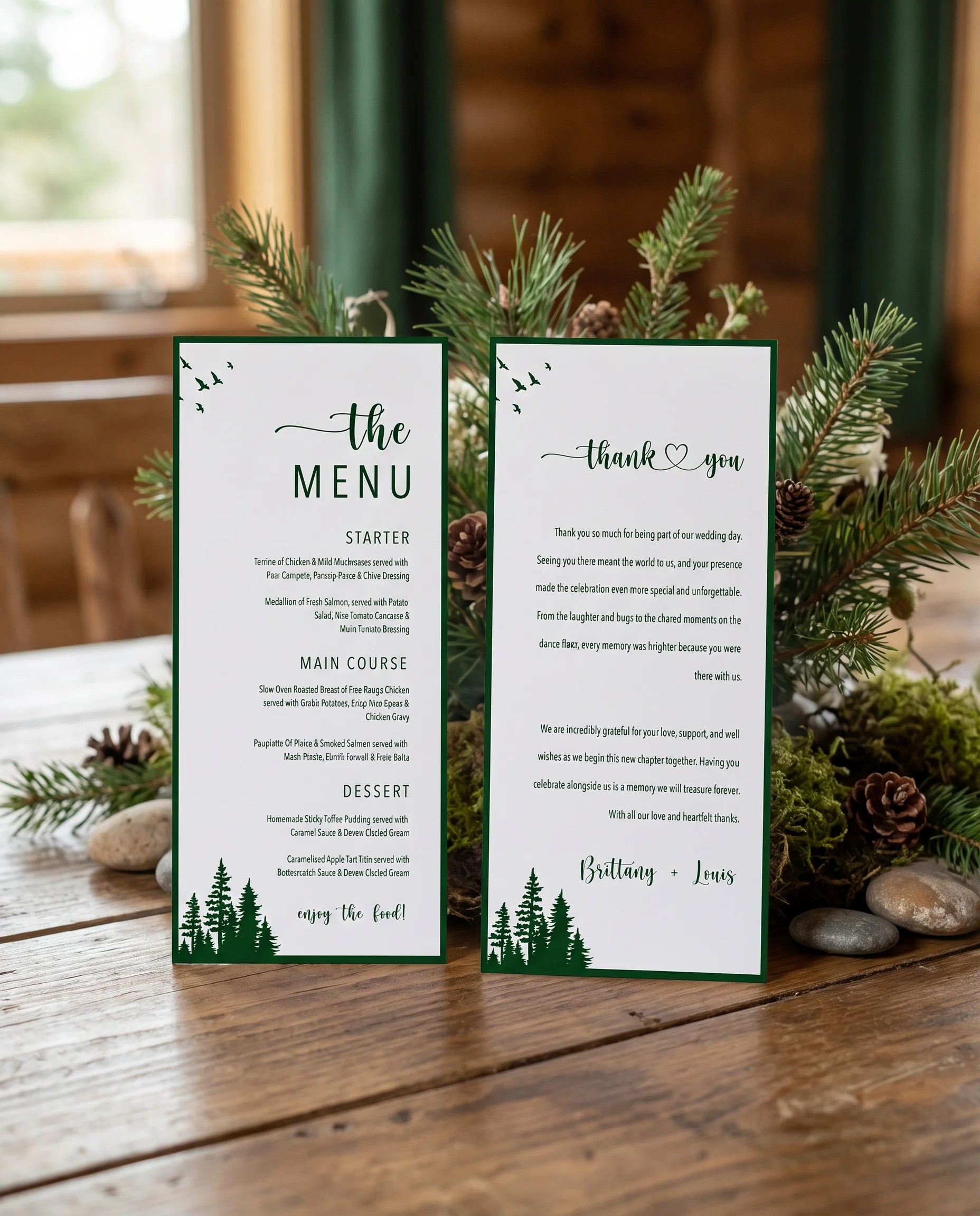 Evergreen Star wedding menu — standing upright on a reception table under soft natural light with a slight overhead angle, wedding menu template.