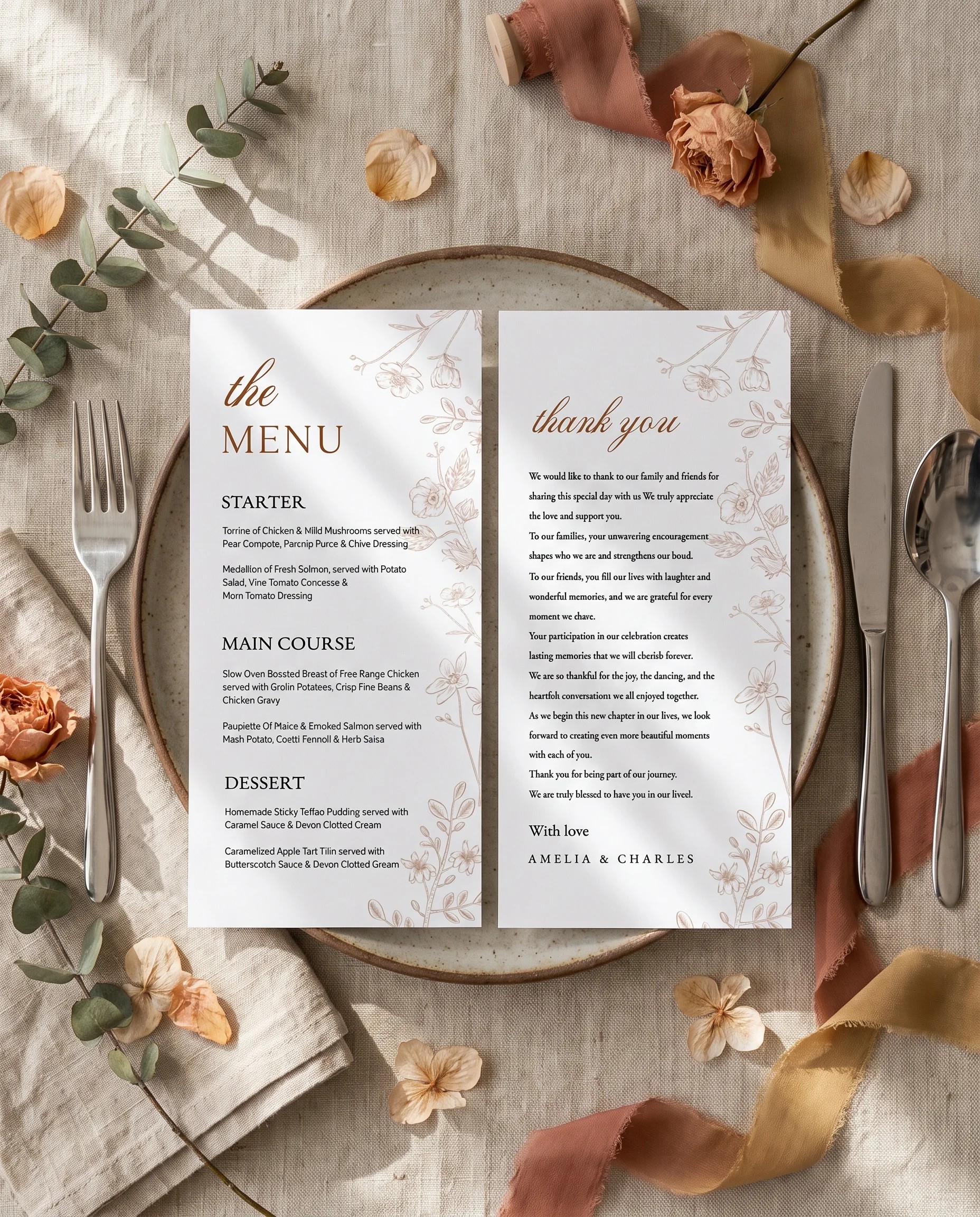 Petalcrest wedding menu — menu and thank you card displayed on a plate at a set place setting, softly lit, wedding menu cards.