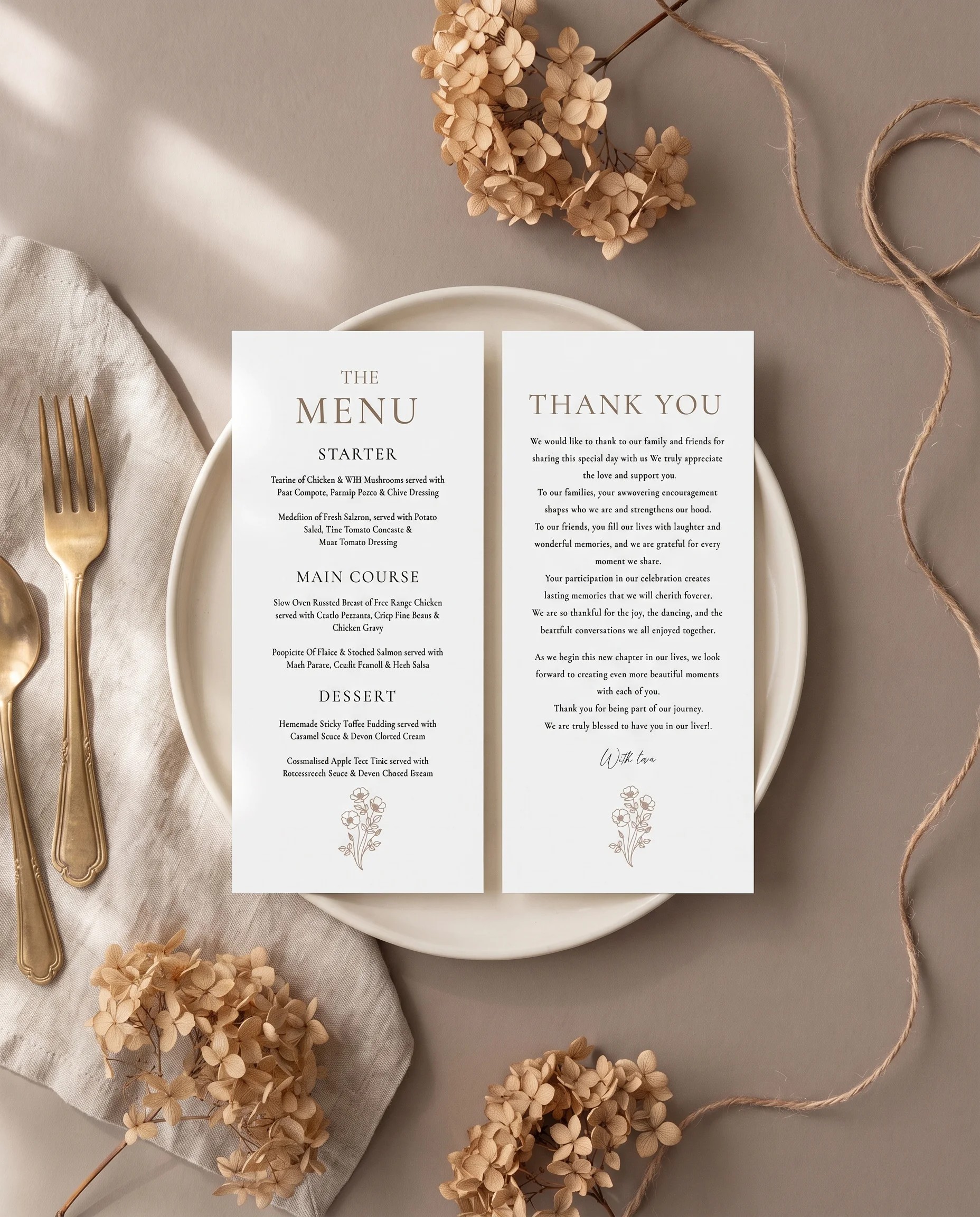 Anemora wedding menu — menu and thank you card resting on a plate at a set place setting, wedding menu cards.