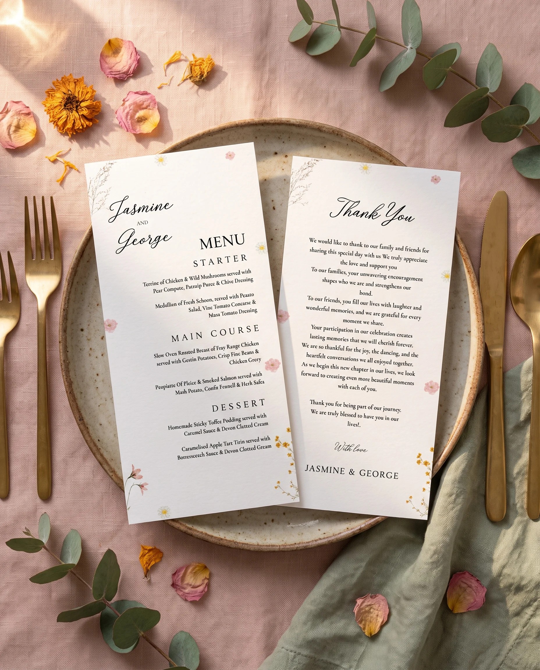 Marigold Petal wedding menu — two pages resting on a plate at a place setting under soft natural light, slightly overhead, wedding menu cards.