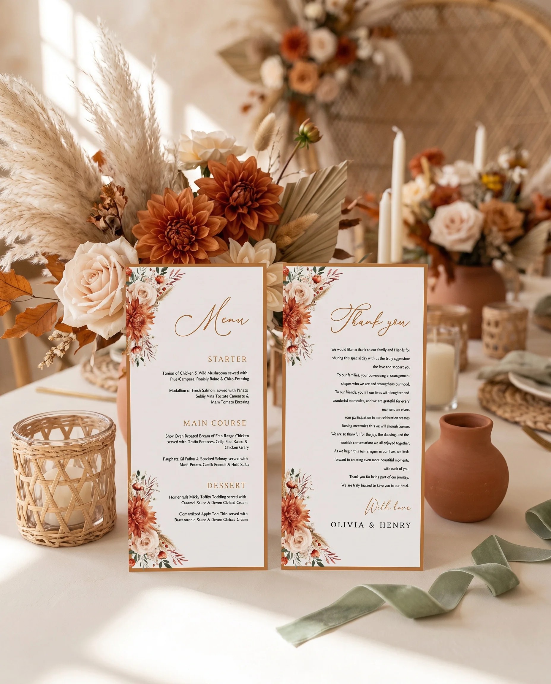 Marigold wedding menu — two menu pages standing upright on a reception table under soft natural light, wedding menu template.