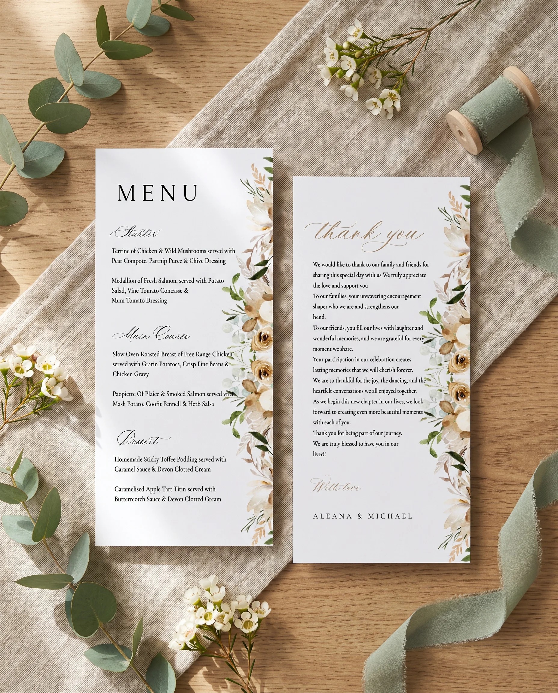 Meadow Veil wedding menu — two menu pages shown flat under soft natural light with a slight overhead angle, wedding menu.