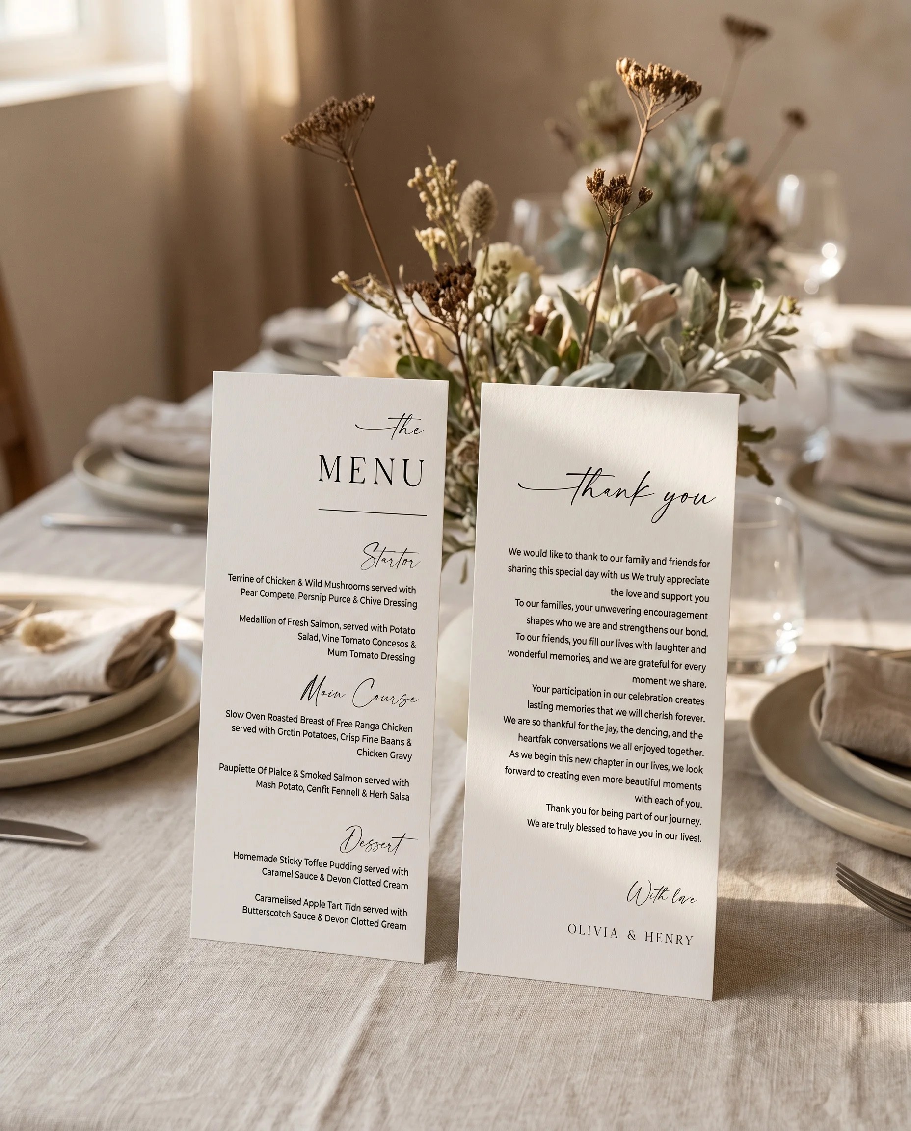 Charline wedding menu — two cards standing upright on a reception table under soft natural light, wedding menu template.