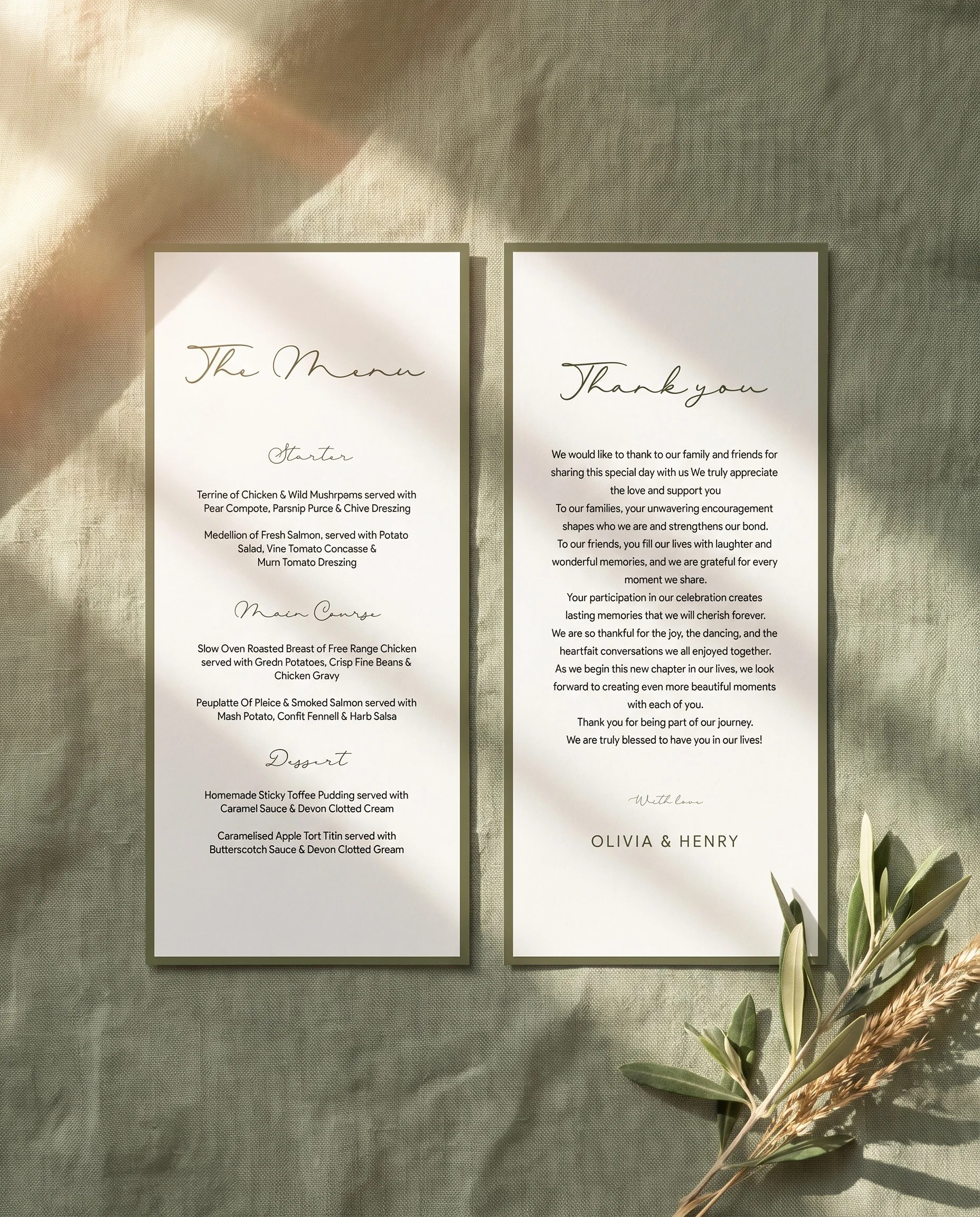 Manor Etching wedding menu — two menu pages laid flat under soft natural light with a slight overhead angle, wedding menu.