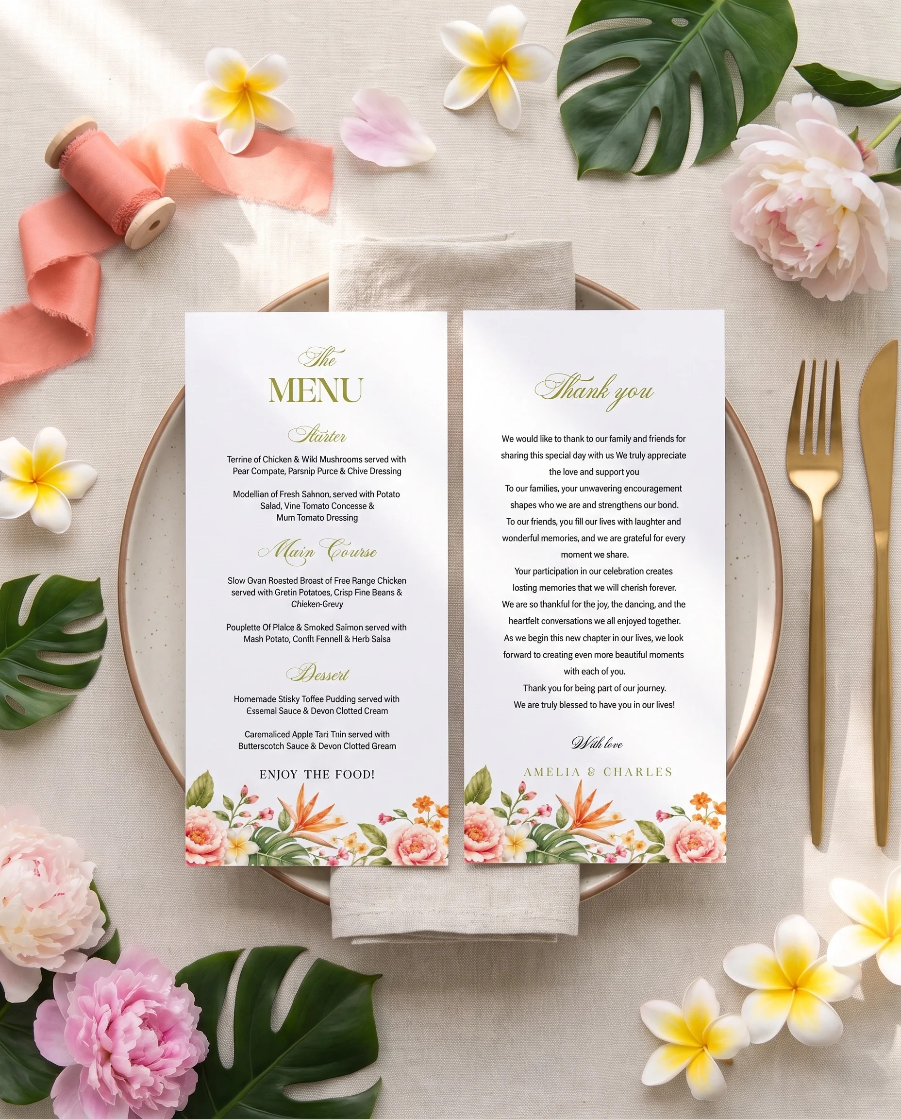 Plumeria Peony wedding menu — menu and thank you card resting on a plate at a set place setting, wedding menu cards