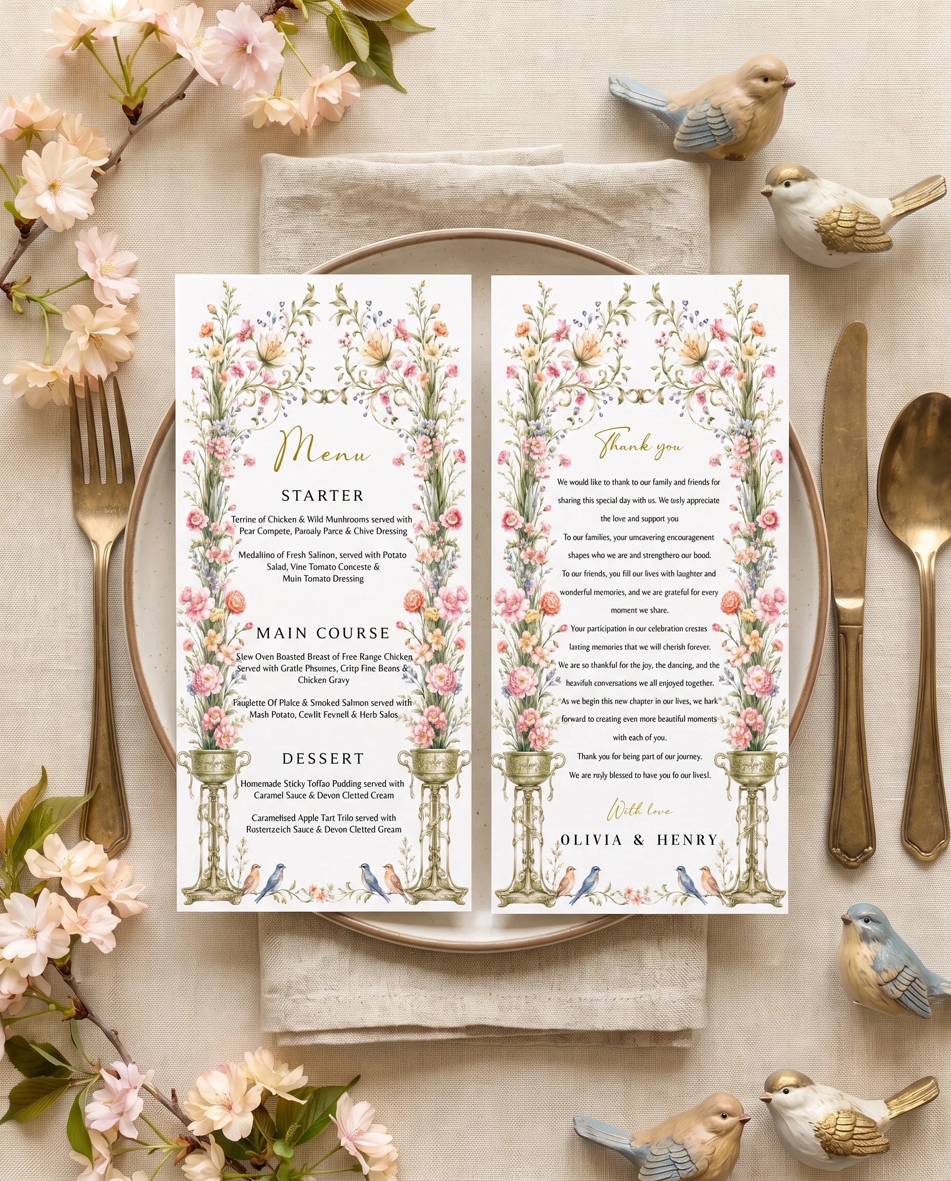 Petal Arbor wedding menu — menu and thank you card displayed on a plate at a set place setting, wedding menu cards.