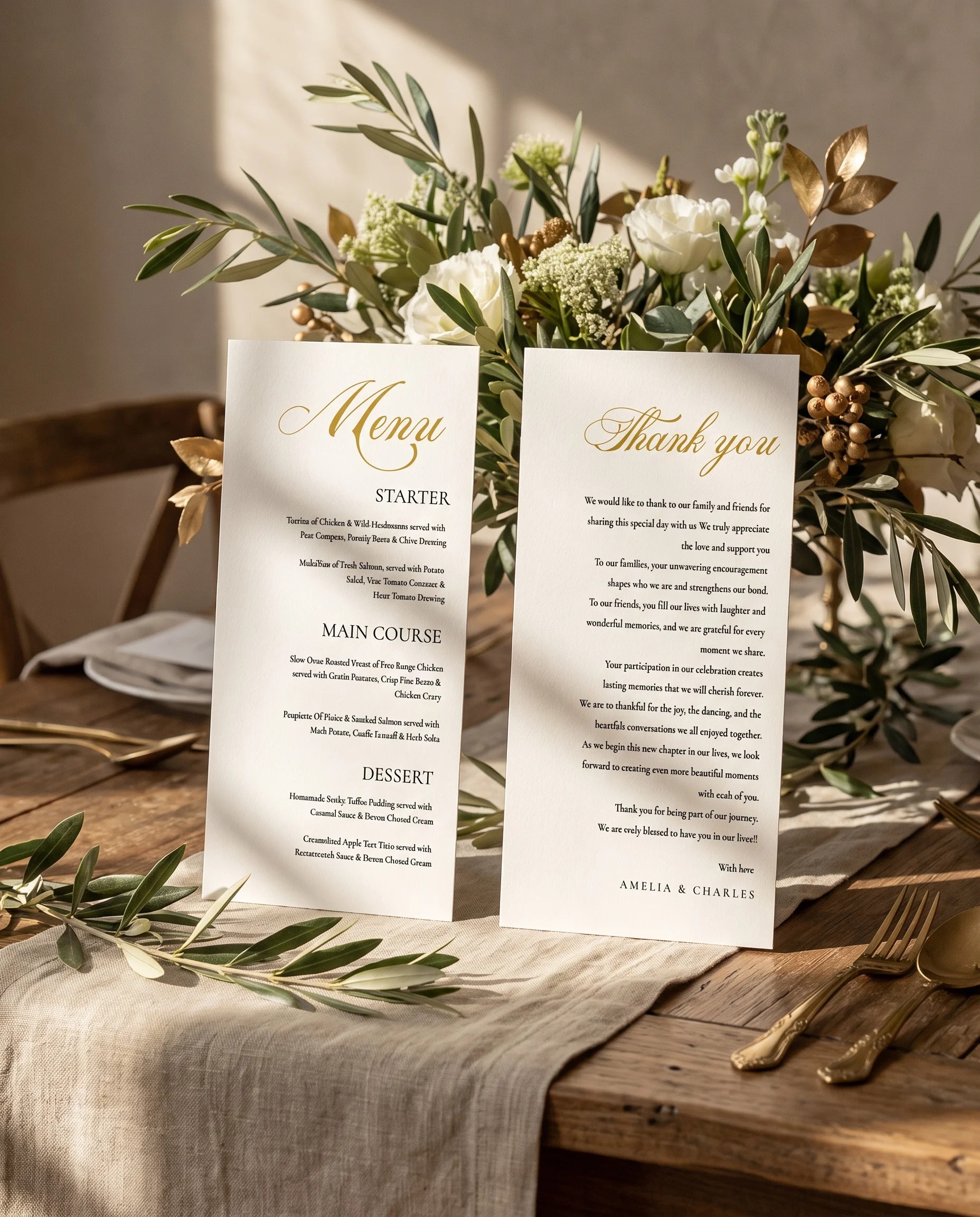 Gilded Arrow wedding menu — the menu and thank you card standing upright on a reception table under soft natural light, wedding menu template.