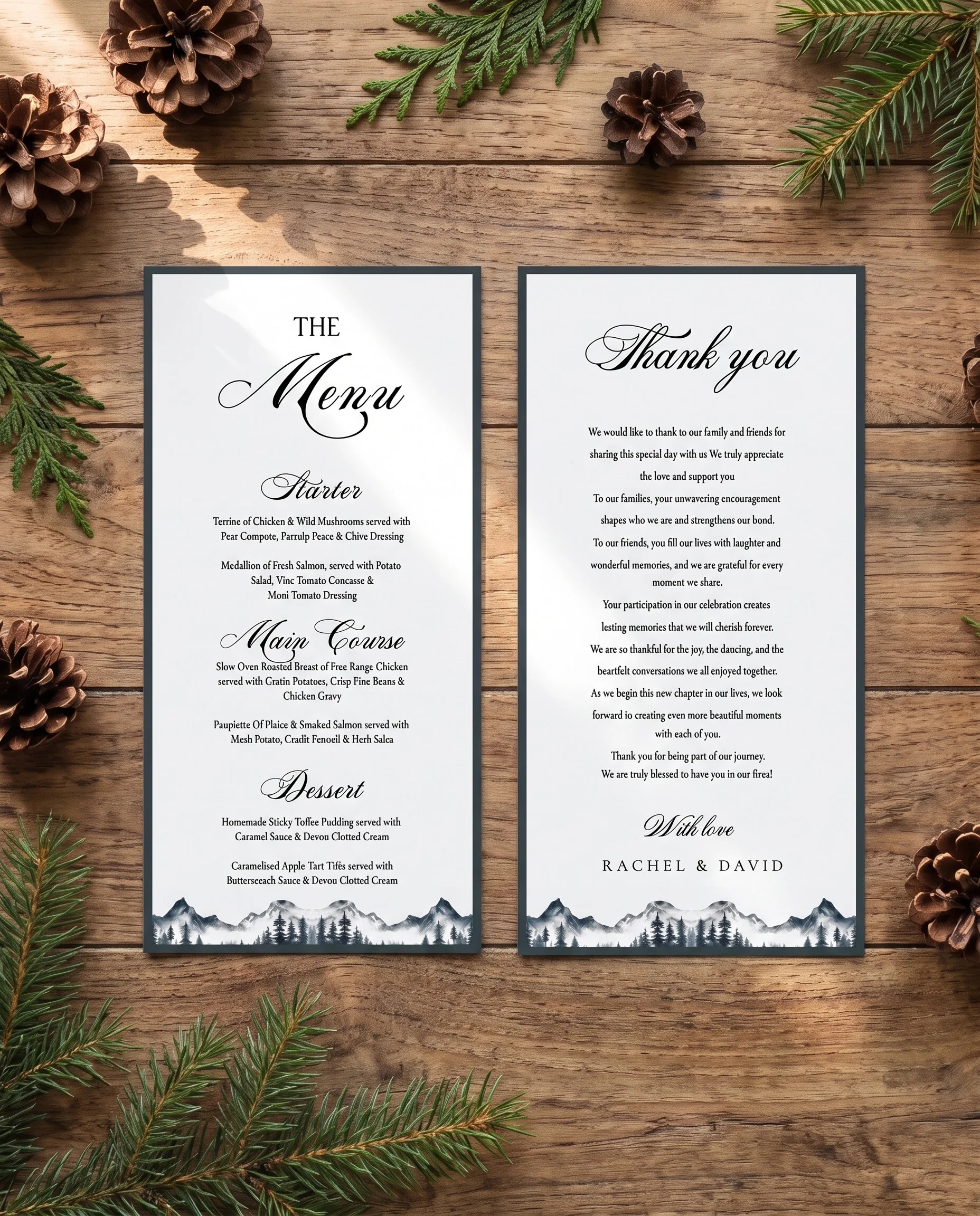 Pinecrest wedding menu — two menu pages shown flat under soft natural light with a slight overhead angle, wedding menu.
