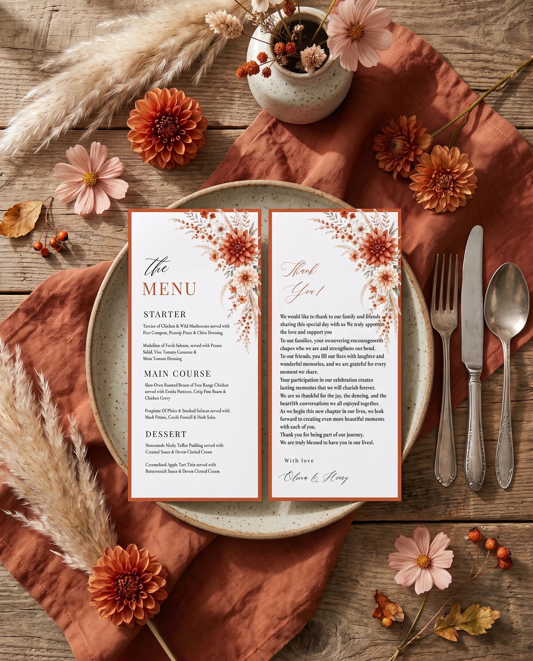 Dahlia Ember wedding menu — menu and thank you card on a plate at a set place setting, wedding menu cards.