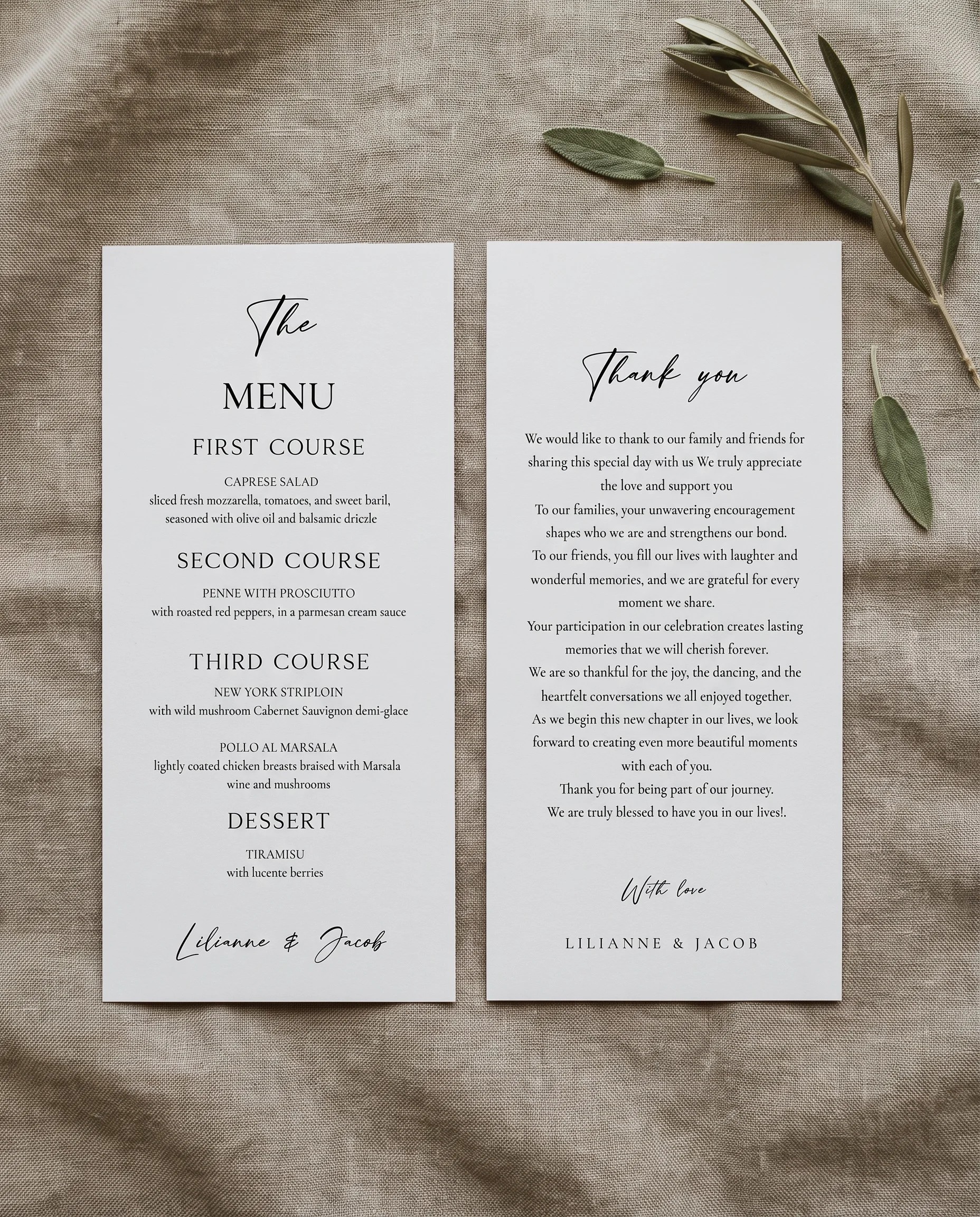 Tonal Reply wedding menu — two menu pages shown flat under soft natural light with a slight overhead angle, wedding menu.
