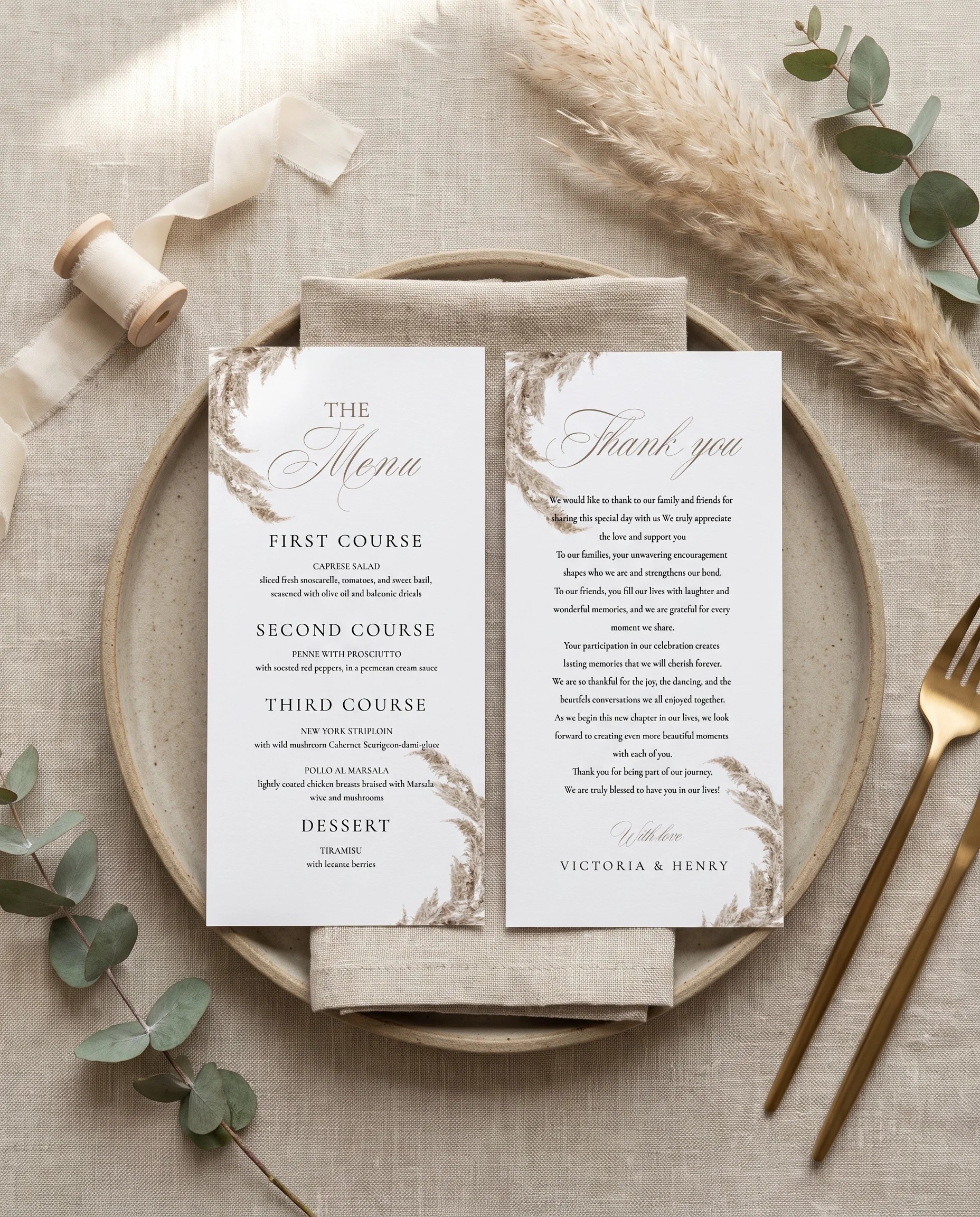 Pampas wedding menu — menu and thank you card resting on a plate at a place setting, soft overhead light, wedding menu cards.